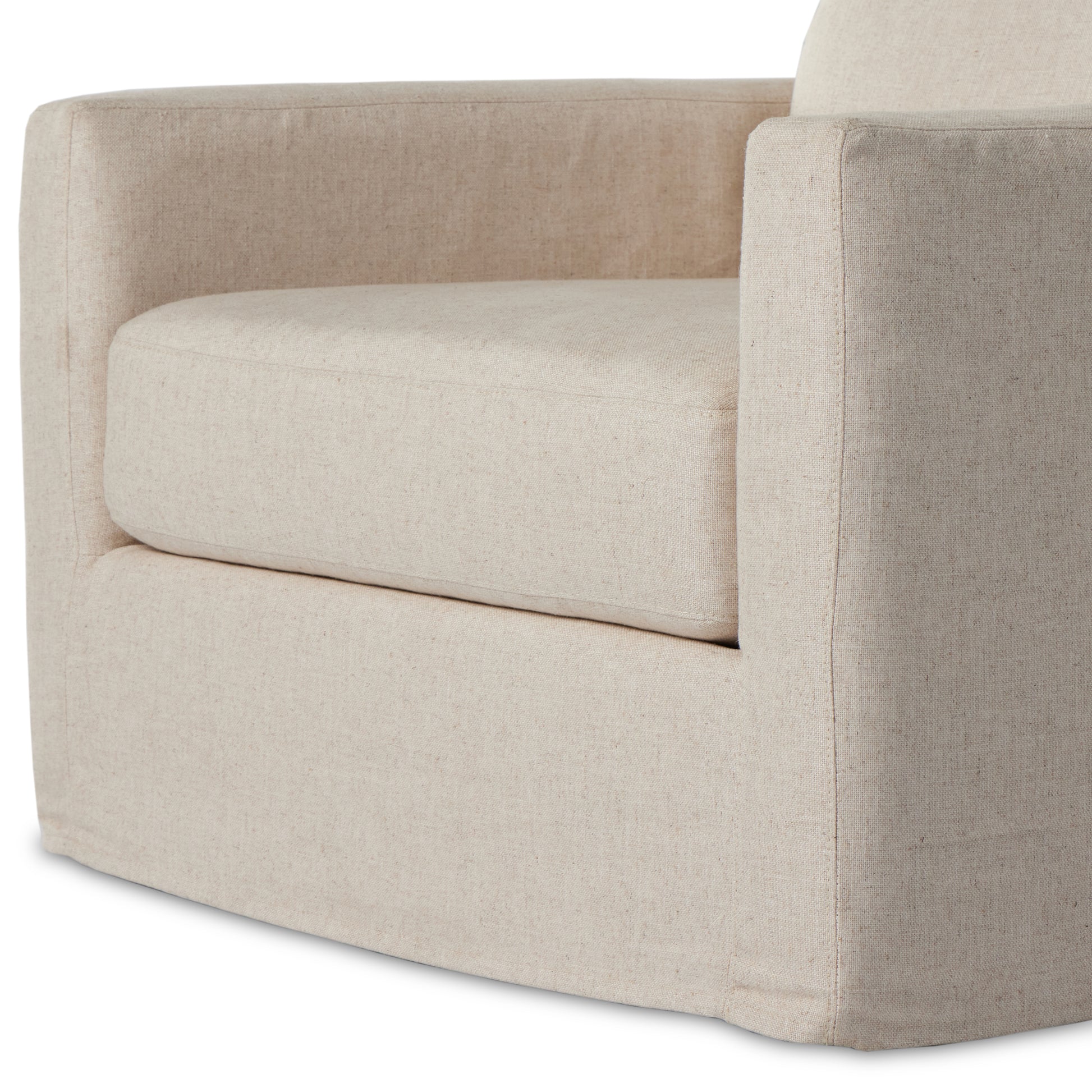 Proudly built by American makers using US-sourced materials and mechanisms. This classic swivel chair features clean track arms, a high, supportive back, feather filling and a 360-degree swivel. Upholstered with a fully removable slipcover of PFAS-free performance fabric that can be dry-cleaned for easy care. Amethyst Home provides interior design, new home construction design consulting, vintage area rugs, and lighting in the Seattle metro area.