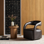 Featuring Hawkins Sonoma Black Swivel Chair by Four Hands at Amethyst Home. This 360-swivel update of the fan-favorite stationary design makes quite the statement. Well curved and finely sculpted, exclusive black top-grain leather makes a uniquely shapely statement in any room.
Overall Dimensions: 26"W x 26"L x 29"HColors: Sonoma ButterscotchMaterials: T. Amethyst Home provides interior design, new home construction design consulting, vintage area rugs, and lighting in the Laguna Beach metro area.