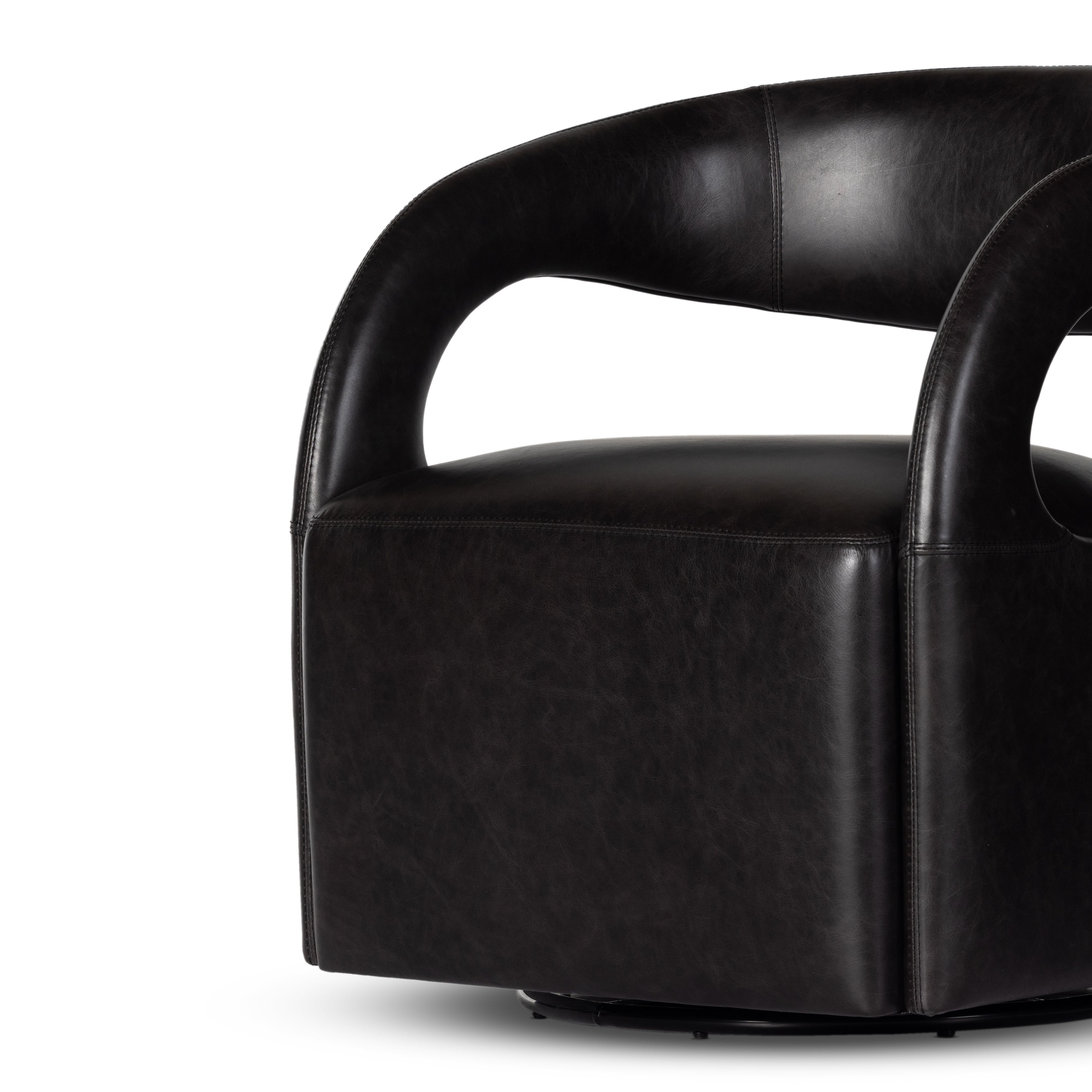 Featuring Hawkins Sonoma Black Swivel Chair by Four Hands at Amethyst Home. This 360-swivel update of the fan-favorite stationary design makes quite the statement. Well curved and finely sculpted, exclusive black top-grain leather makes a uniquely shapely statement in any room.
Overall Dimensions: 26"W x 26"L x 29"HColors: Sonoma ButterscotchMaterials: Top . Amethyst Home provides interior design, new home construction design consulting, vintage area rugs, and lighting in the Nashville metro area.