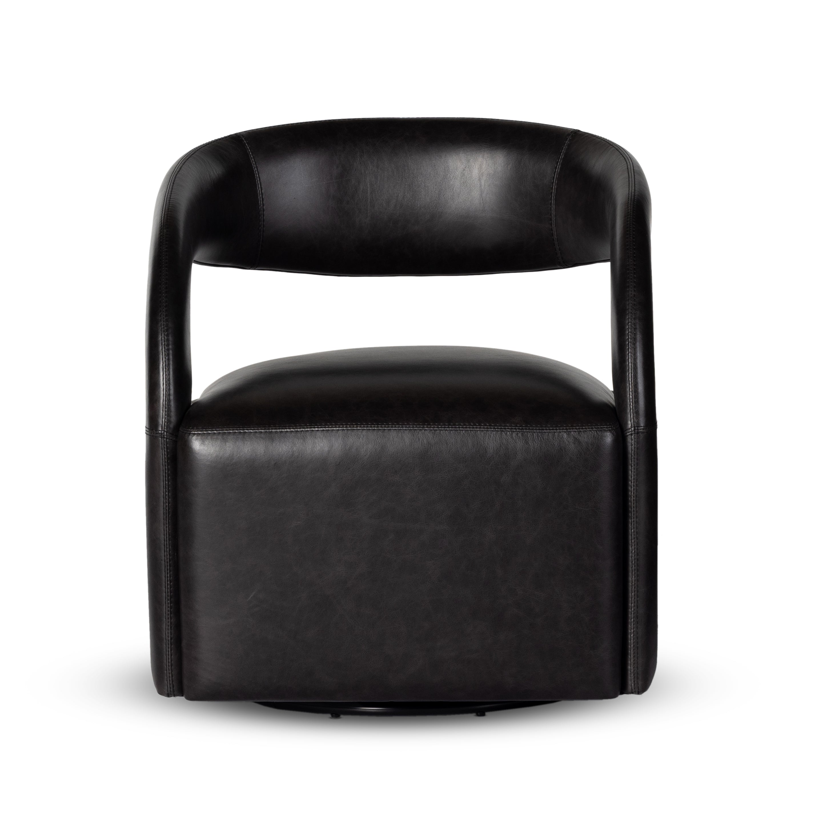 Featuring Hawkins Sonoma Black Swivel Chair by Four Hands at Amethyst Home. This 360-swivel update of the fan-favorite stationary design makes quite the statement. Well curved and finely sculpted, exclusive black top-grain leather makes a uniquely shapely statement in any room.
Overall Dimensions: 26"W x 26"L x 29"HColors: Sonoma ButterscotchMaterials: Top. Amethyst Home provides interior design, new home construction design consulting, vintage area rugs, and lighting in the Scottsdale metro area.