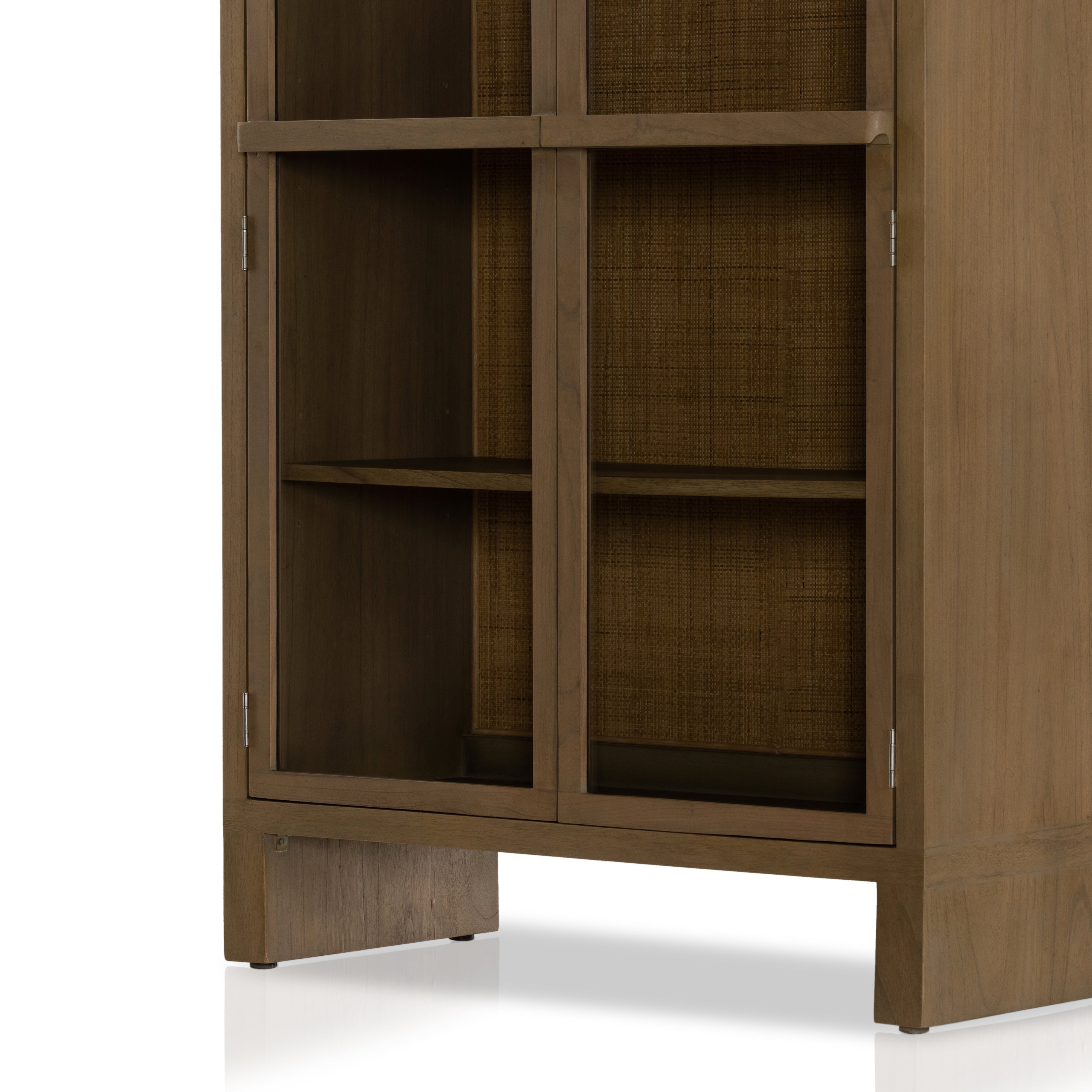 Ilana Burnished Mindi Cabinet forms a dramatic arch this glass-front cabinetry, with woven natural cane backing for a textural finishing touch. Amethyst Home provides interior design services, furniture, rugs, and lighting in the Des Moines metro area.