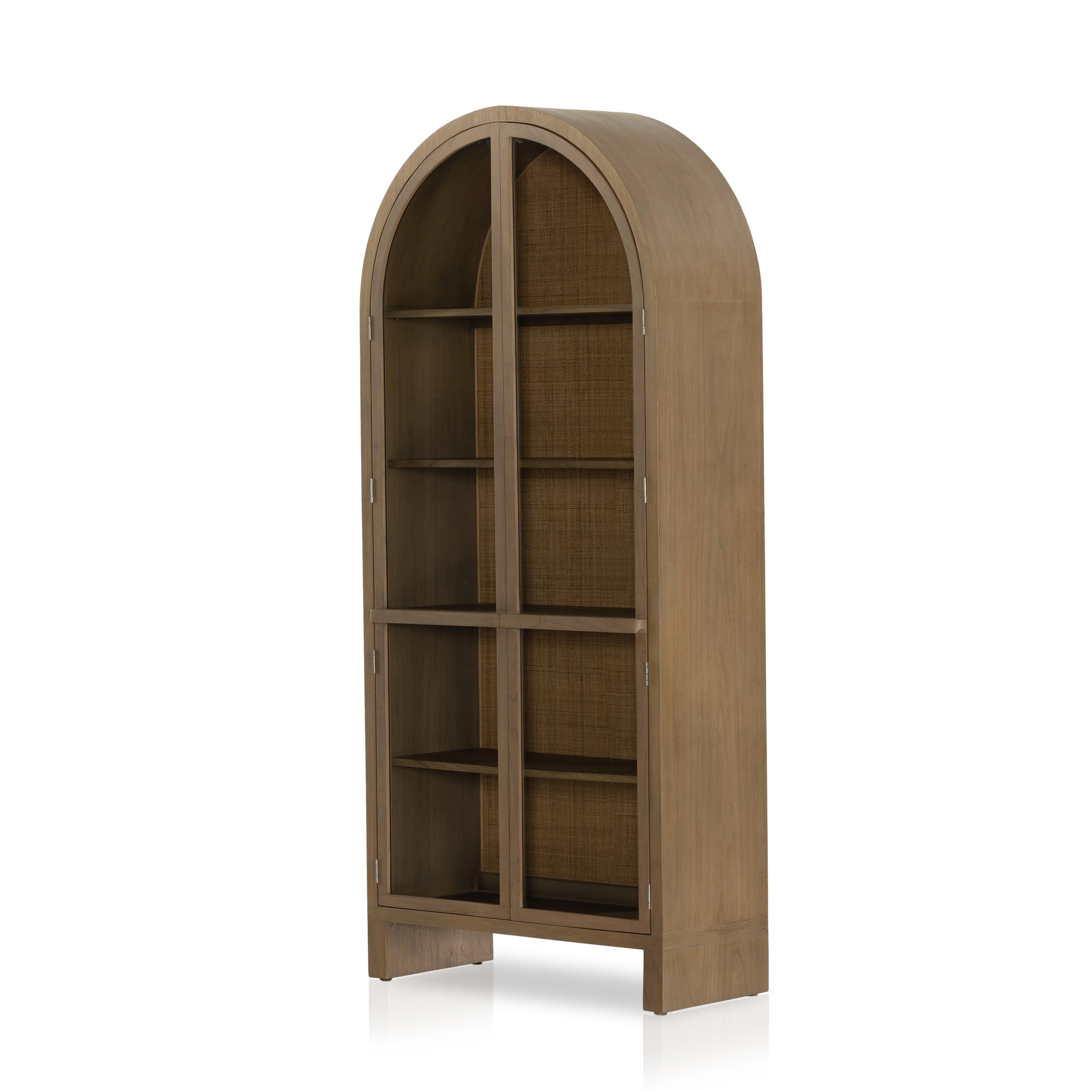 Ilana Burnished Mindi Cabinet forms a dramatic arch this glass-front cabinetry, with woven natural cane backing for a textural finishing touch. Amethyst Home provides interior design services, furniture, rugs, and lighting in the Los Angeles metro area.