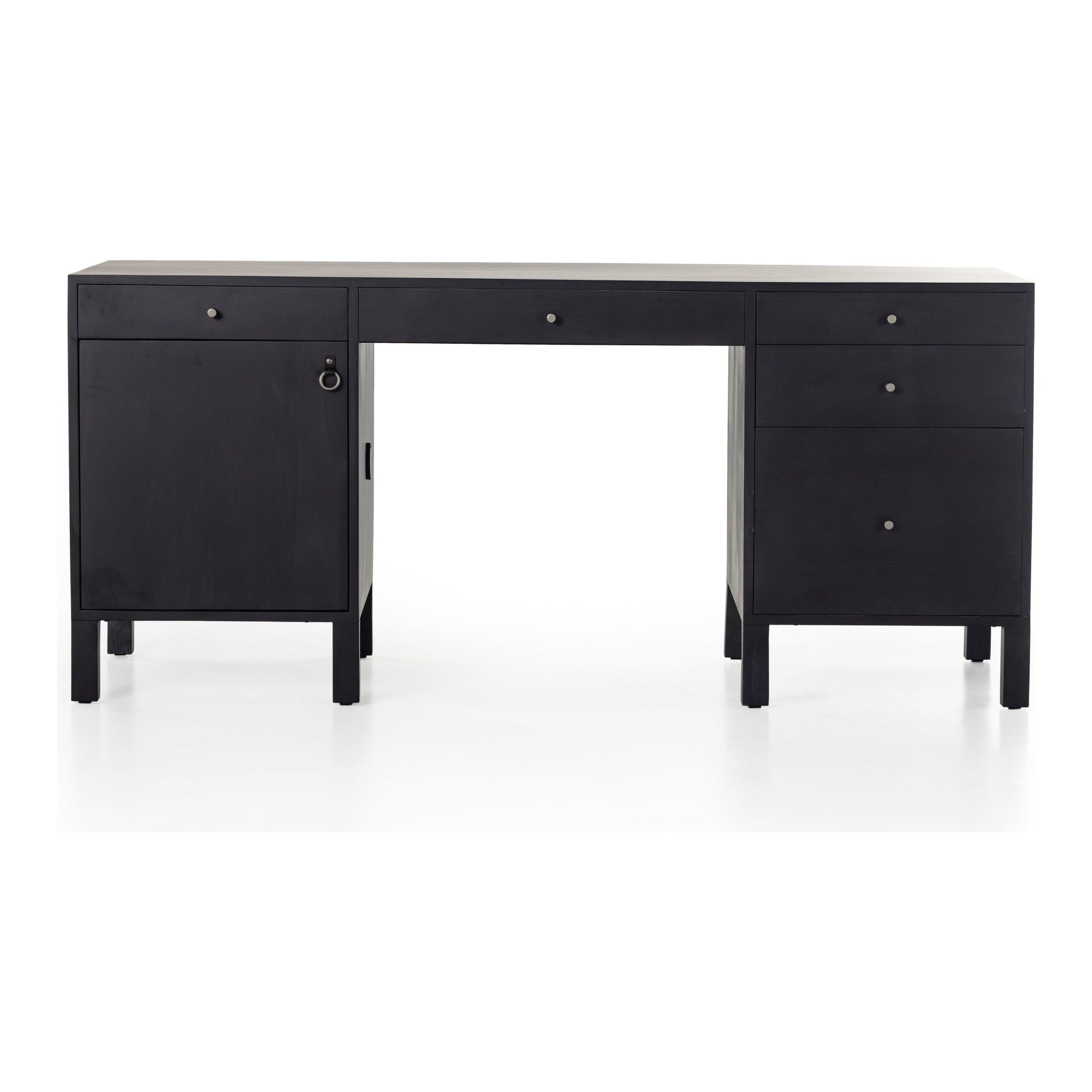Beautifully simple in spirit. Black-washed solid poplar forms a clean, Seventies-inspired executive desk with dovetail joinery plus iron and leather hardware, for a material-driven update to Shaker-like styling. Fully finished back grants the option to float desk anywhere in room. Amethyst Home provides interior design, new construction, custom furniture, and area rugs in the Salt Lake City metro area.
