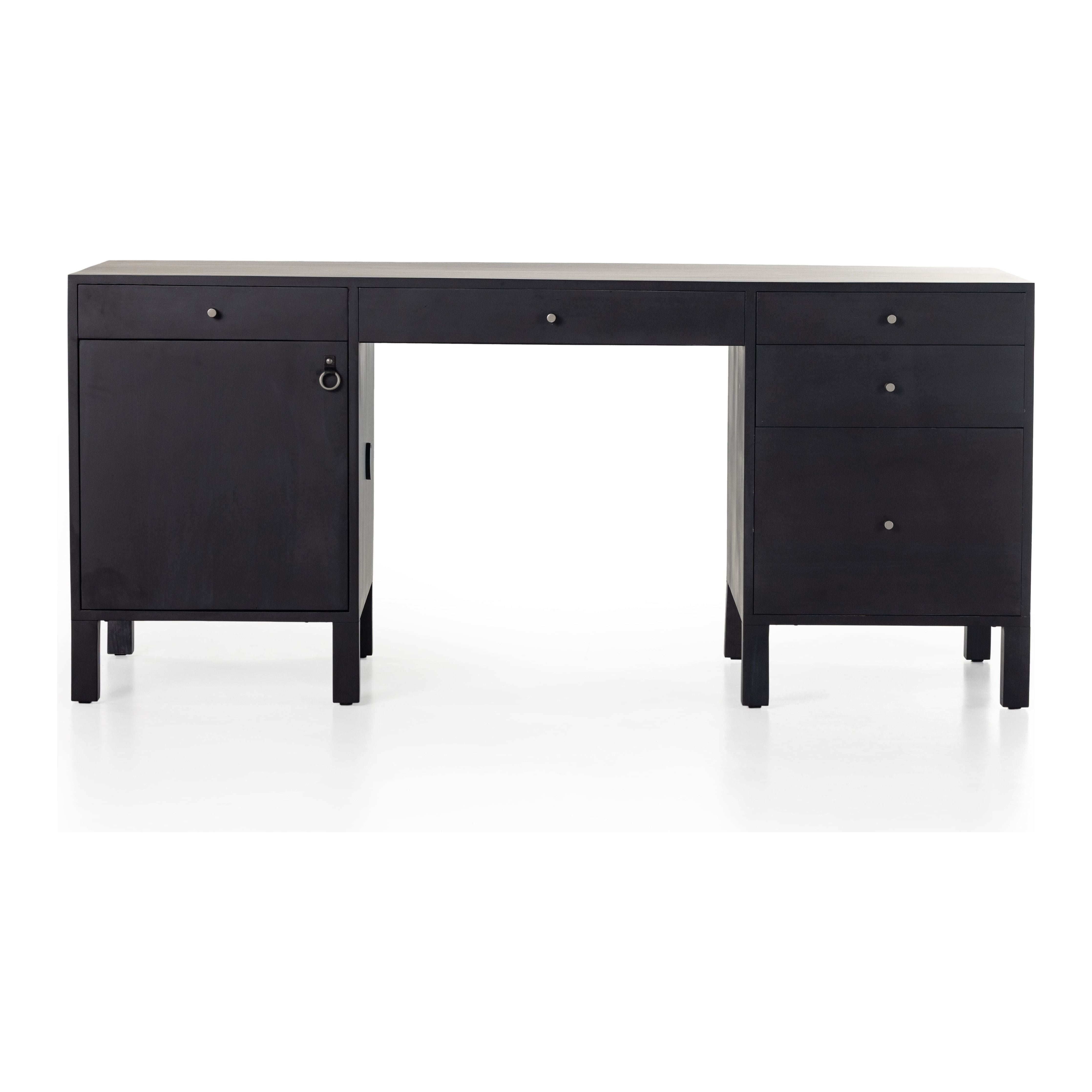 Beautifully simple in spirit. Black-washed solid poplar forms a clean, Seventies-inspired executive desk with dovetail joinery plus iron and leather hardware, for a material-driven update to Shaker-like styling. Fully finished back grants the option to float desk anywhere in room. Amethyst Home provides interior design, new construction, custom furniture, and area rugs in the Salt Lake City metro area.