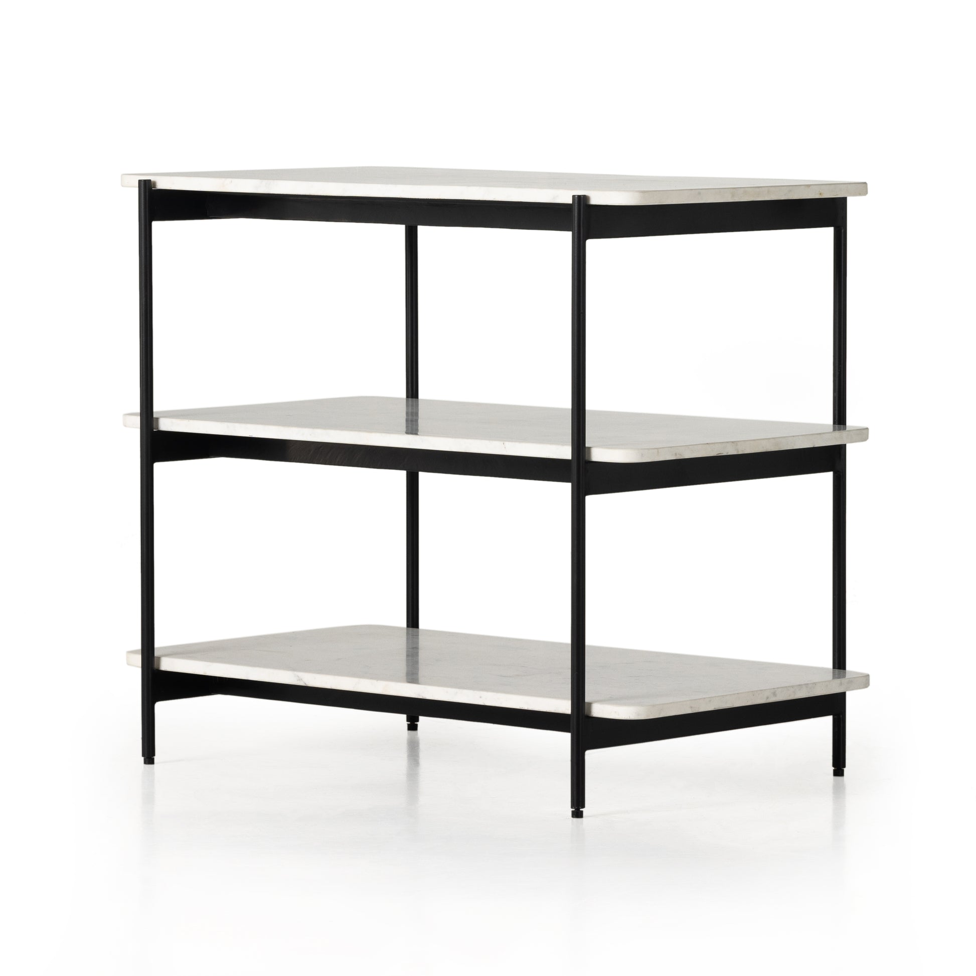Jasper Nightstand is a black-finished iron that forms a slim, airy frame for open shelving of polished white marble. Amethyst Home provides interior design services, furniture, rugs, and lighting in the Austin metro area.