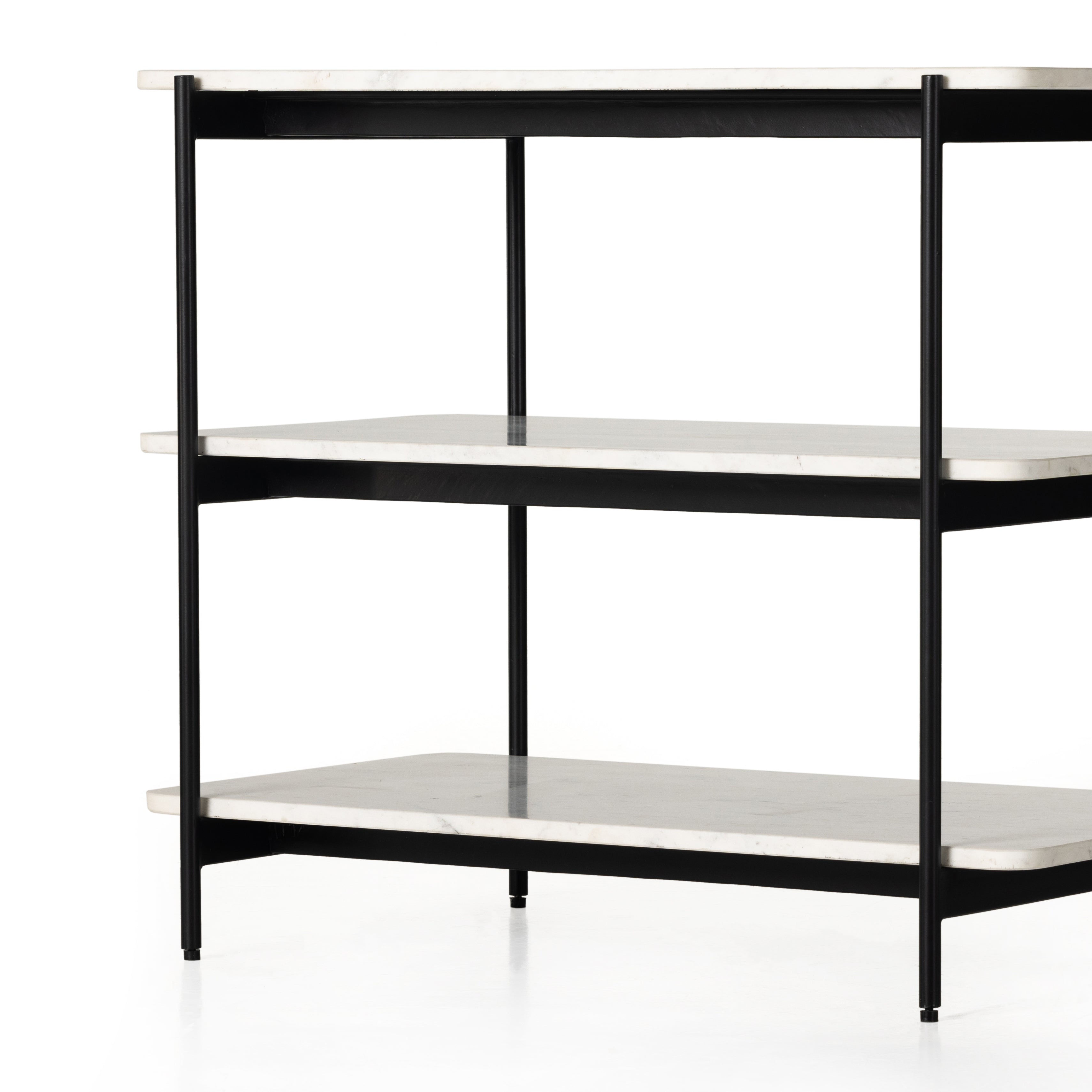 Jasper Nightstand is a black-finished iron that forms a slim, airy frame for open shelving of polished white marble. Amethyst Home provides interior design services, furniture, rugs, and lighting in the Dallas metro area.