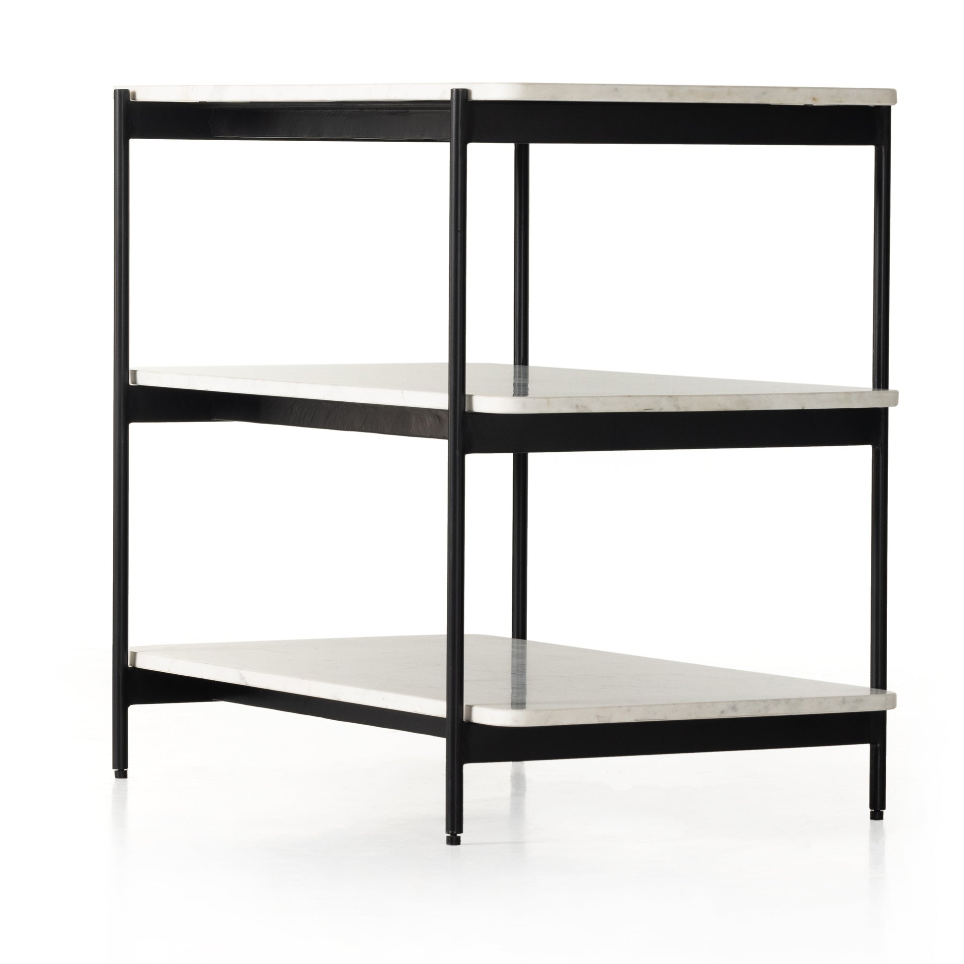 Jasper Nightstand is a black-finished iron that forms a slim, airy frame for open shelving of polished white marble. Amethyst Home provides interior design services, furniture, rugs, and lighting in the Kansas City metro area.