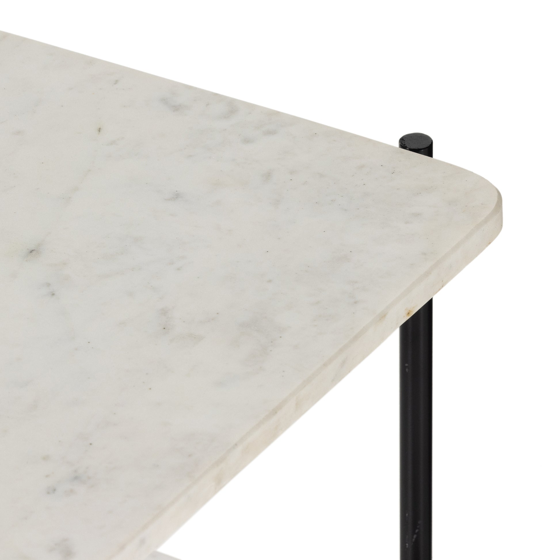 Jasper Nightstand is a black-finished iron that forms a slim, airy frame for open shelving of polished white marble. Amethyst Home provides interior design services, furniture, rugs, and lighting in the Miami metro area. 