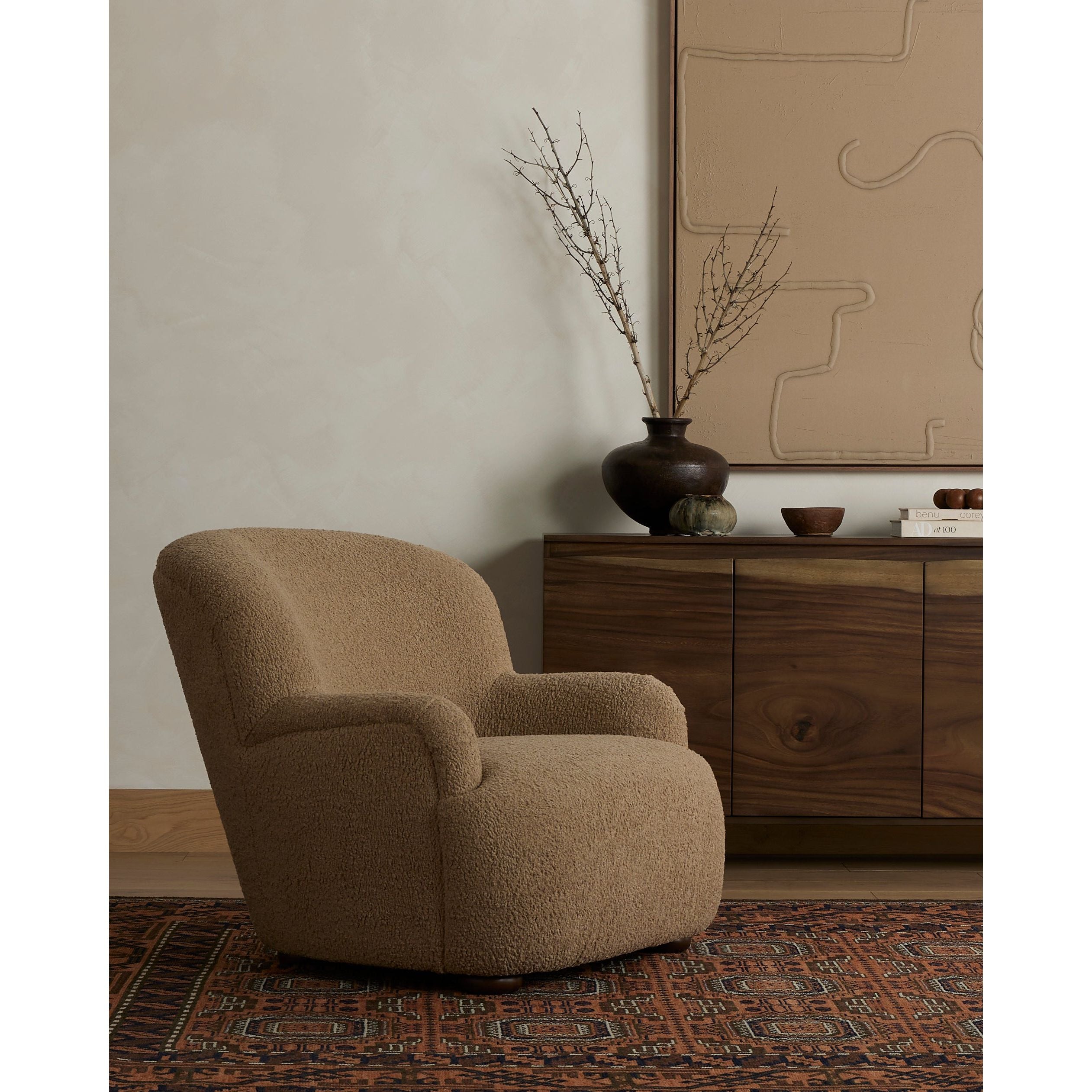 Featuring Kadon Sheepskin Camel Chair by Four Hands at Amethyst Home. Simply classic. A high wing back pairs with softly rolled arms for a curvy look and supportive sit. Tan shearling-like upholstery invites you to sit and stay a while.Overall Dimensions: 35.50"W x 39"L x 32.75"H
Collection: NorwoodColors: Sheepskin Camel ,AlmondMaterials: 100% Polyester ,Solid ParawoodOverall. Amethyst Home provides interior design, new construction, custom furniture, and area rugs in the Laguna Beach metro area.