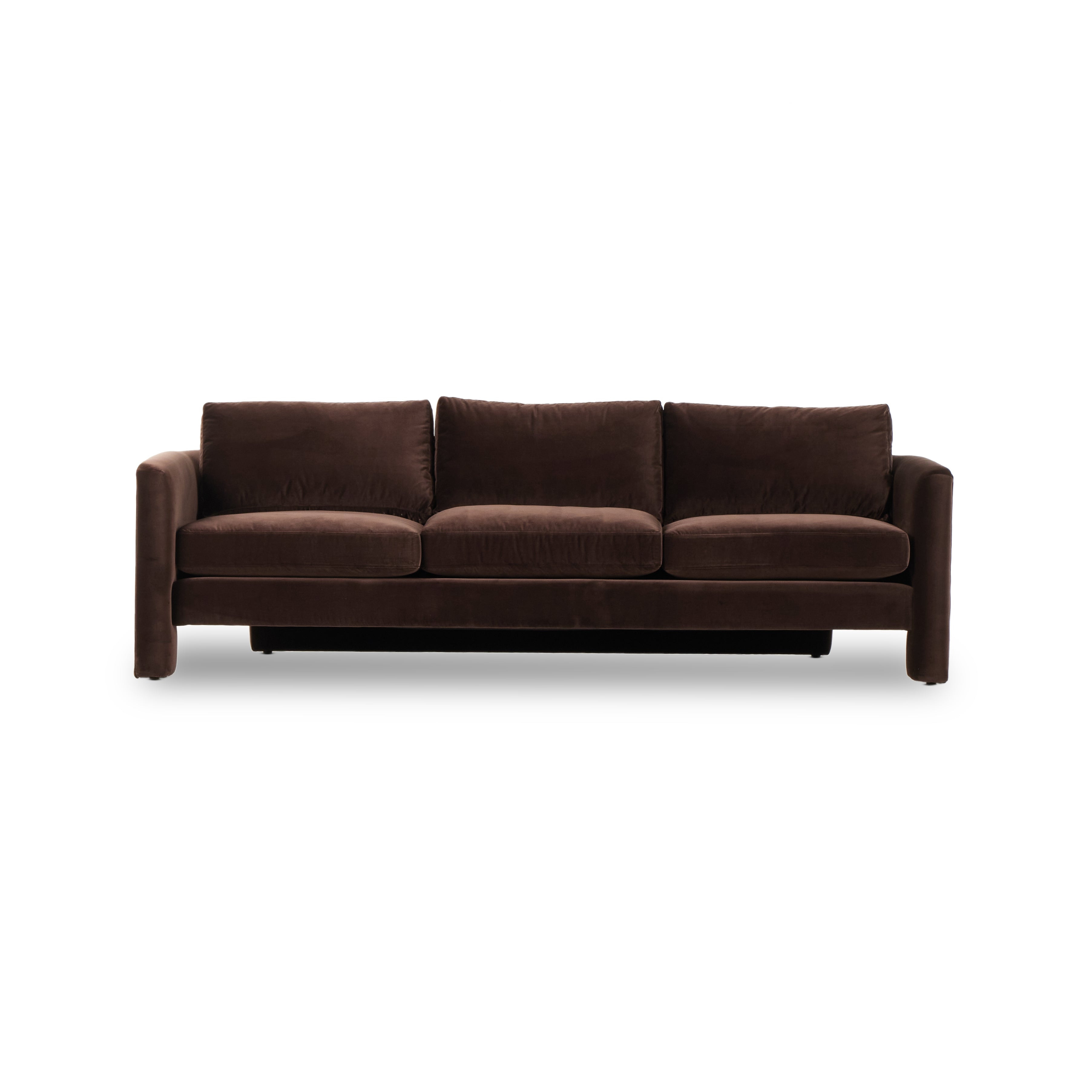 Featuring Katya Surrey Cocoa Sofa by Four Hands at Amethyst Home. Float-style this unique sofa in a room to show off design details like sleek lines and rear cutouts. Designed with S spring construction, foam and fiber seat cushioning and loose feather-blend back cushions. Upholstered in a soft, velvety cotton in a rich chocolate brown.Overall Dimensions: 96.50"W x 39.75"L x 33". Amethyst Home provides interior design, new construction, custom furniture, and area rugs in the Des Moines metro area.