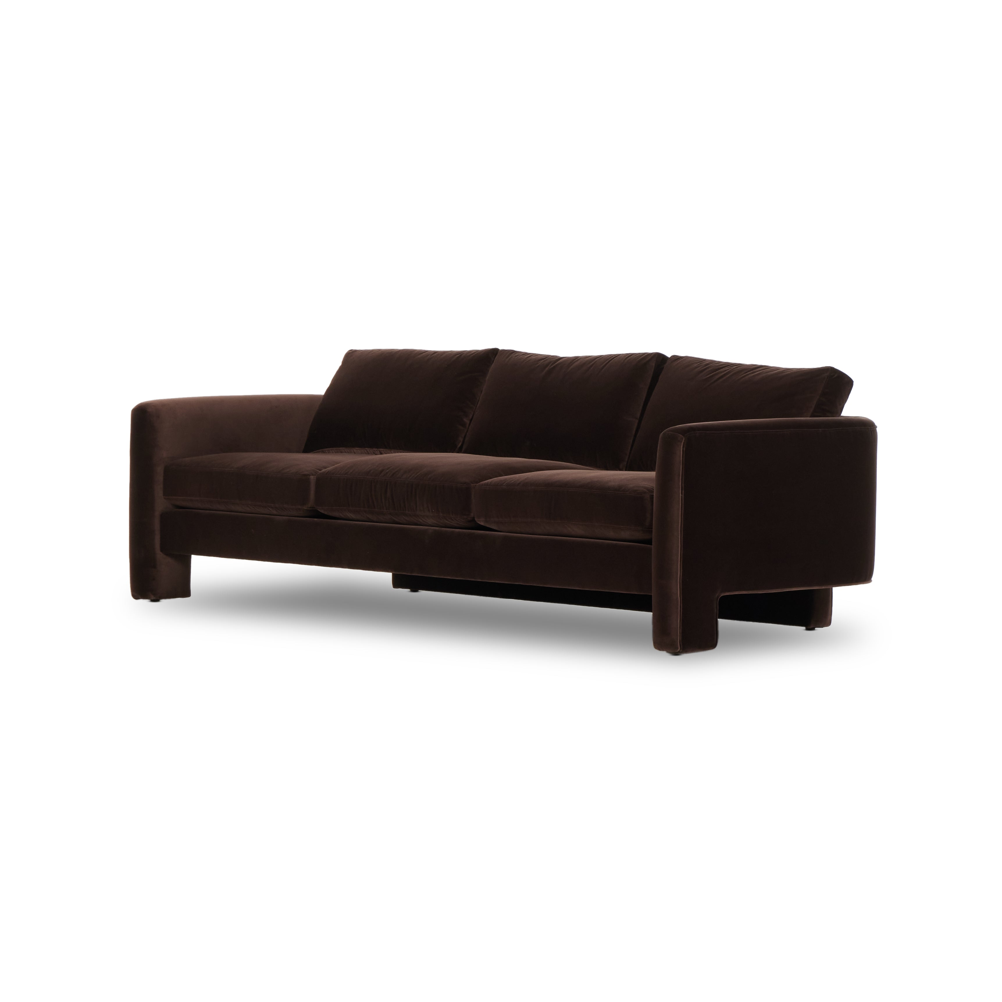 Featuring Katya Surrey Cocoa Sofa by Four Hands at Amethyst Home. Float-style this unique sofa in a room to show off design details like sleek lines and rear cutouts. Designed with S spring construction, foam and fiber seat cushioning and loose feather-blend back cushions. Upholstered in a soft, velvety cotton in a rich chocolate brown.Overall Dimensions: 96.50"W x 39.75"L x. Amethyst Home provides interior design, new construction, custom furniture, and area rugs in the Salt Lake City metro area.