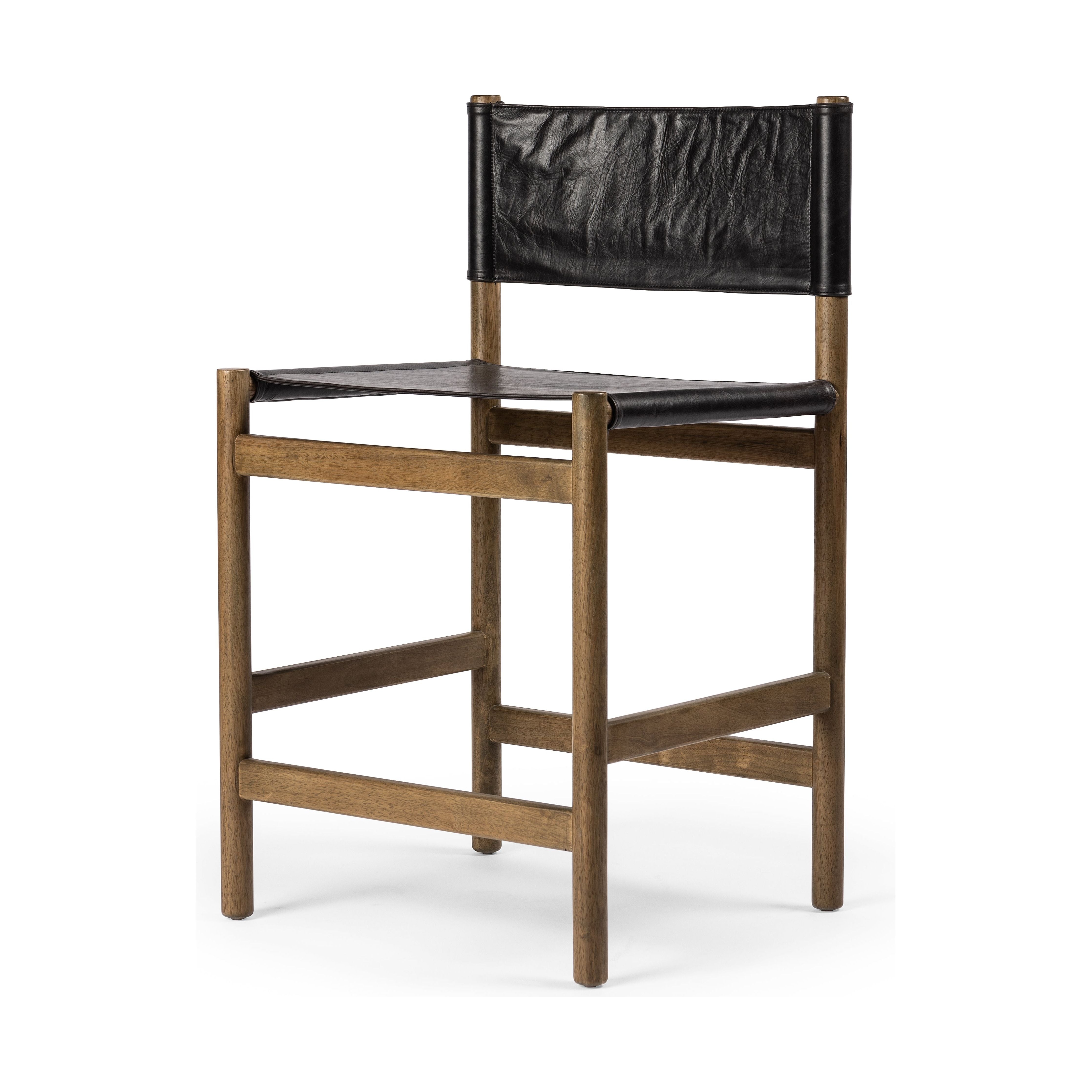 Solid parawood forms a simple, vintage-inspired frame for sling-style seating of black top-grain leather exclusive to Four Hands. Perfectly sized for the counter. Amethyst Home provides interior design, new construction, custom furniture, and area rugs in the Los Angeles metro area.