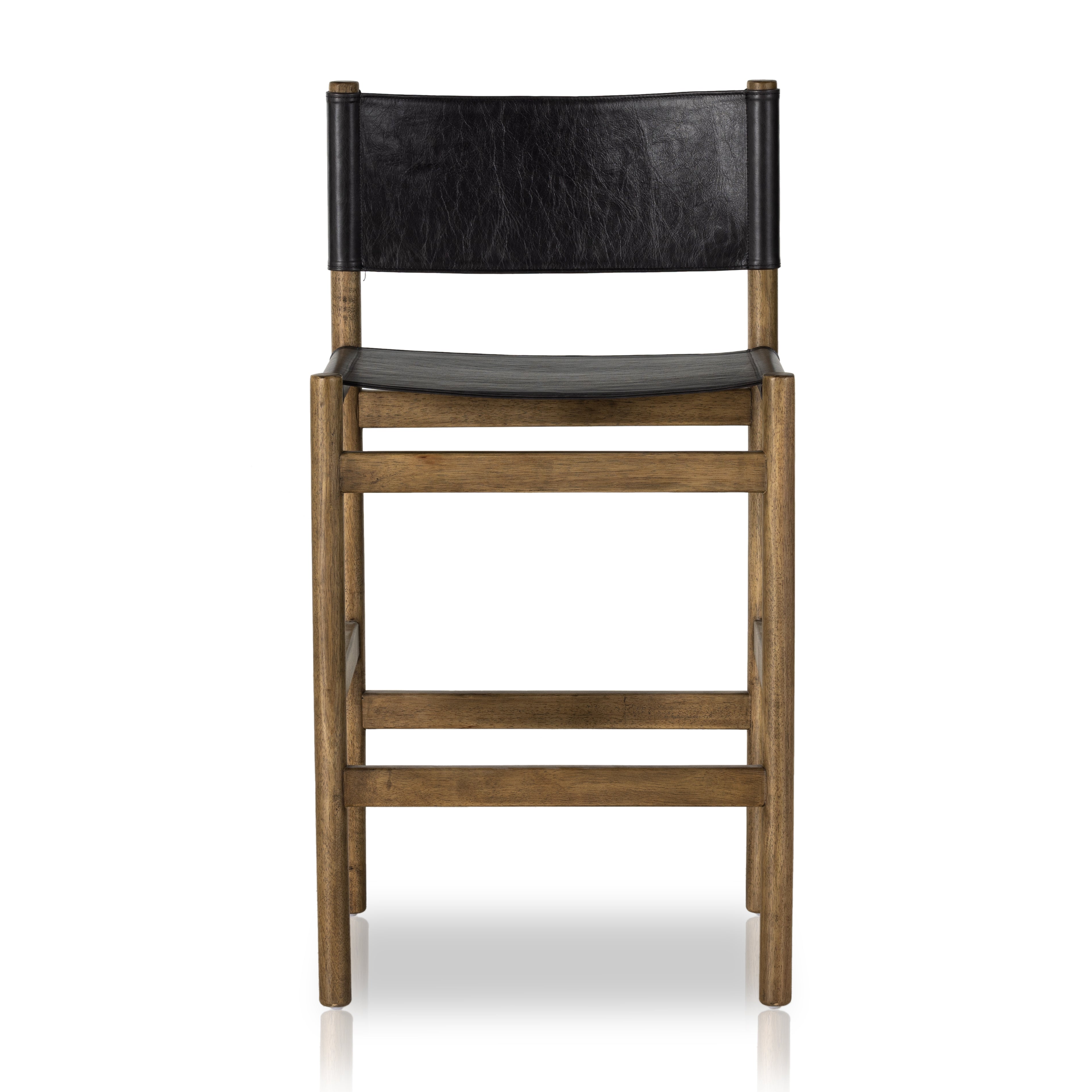 Solid parawood forms a simple, vintage-inspired frame for sling-style seating of black top-grain leather exclusive to Four Hands. Perfectly sized for the counter. Amethyst Home provides interior design, new construction, custom furniture, and area rugs in the Park City metro area.