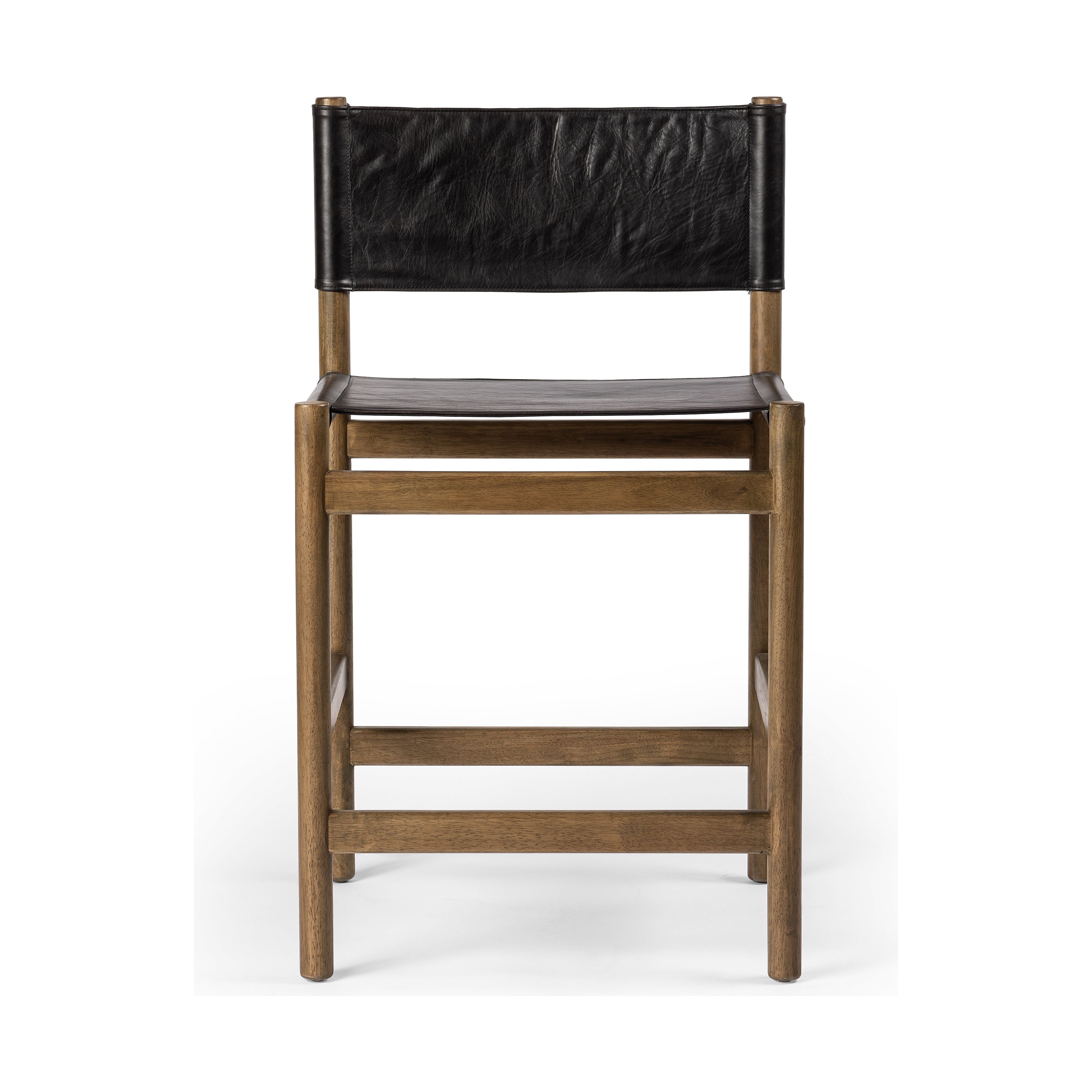 Solid parawood forms a simple, vintage-inspired frame for sling-style seating of black top-grain leather exclusive to Four Hands. Perfectly sized for the counter. Amethyst Home provides interior design, new construction, custom furniture, and area rugs in the San Diego metro area.