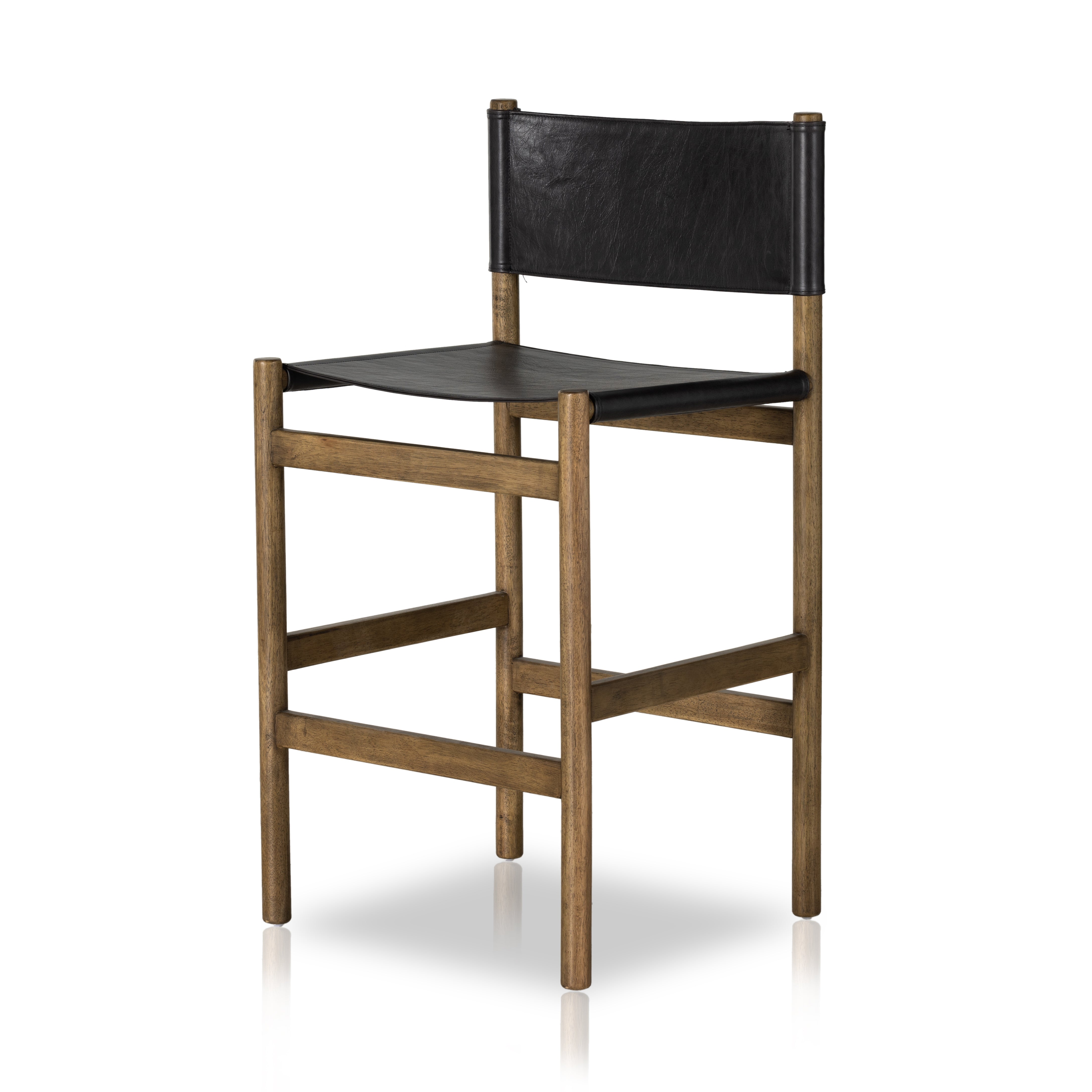 Solid parawood forms a simple, vintage-inspired frame for sling-style seating of black top-grain leather exclusive to Four Hands. Perfectly sized for the counter. Amethyst Home provides interior design, new construction, custom furniture, and area rugs in the Scottsdale metro area.