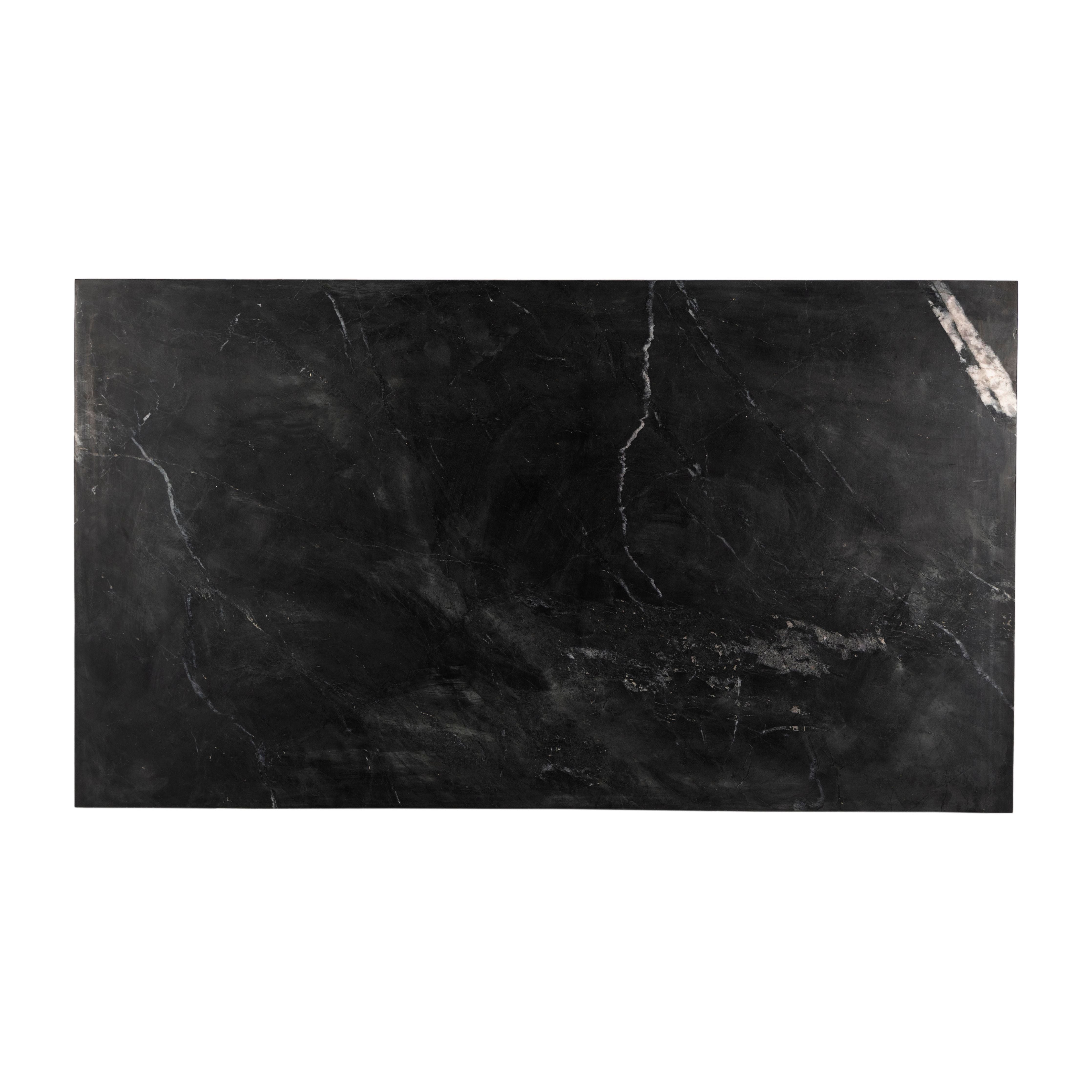 Mixed materials update this waterfall-style coffee table, as a warm oak base pairs with a sleek black marble tabletop. Amethyst Home provides interior design, new construction, custom furniture, and area rugs in the Nashville metro area.