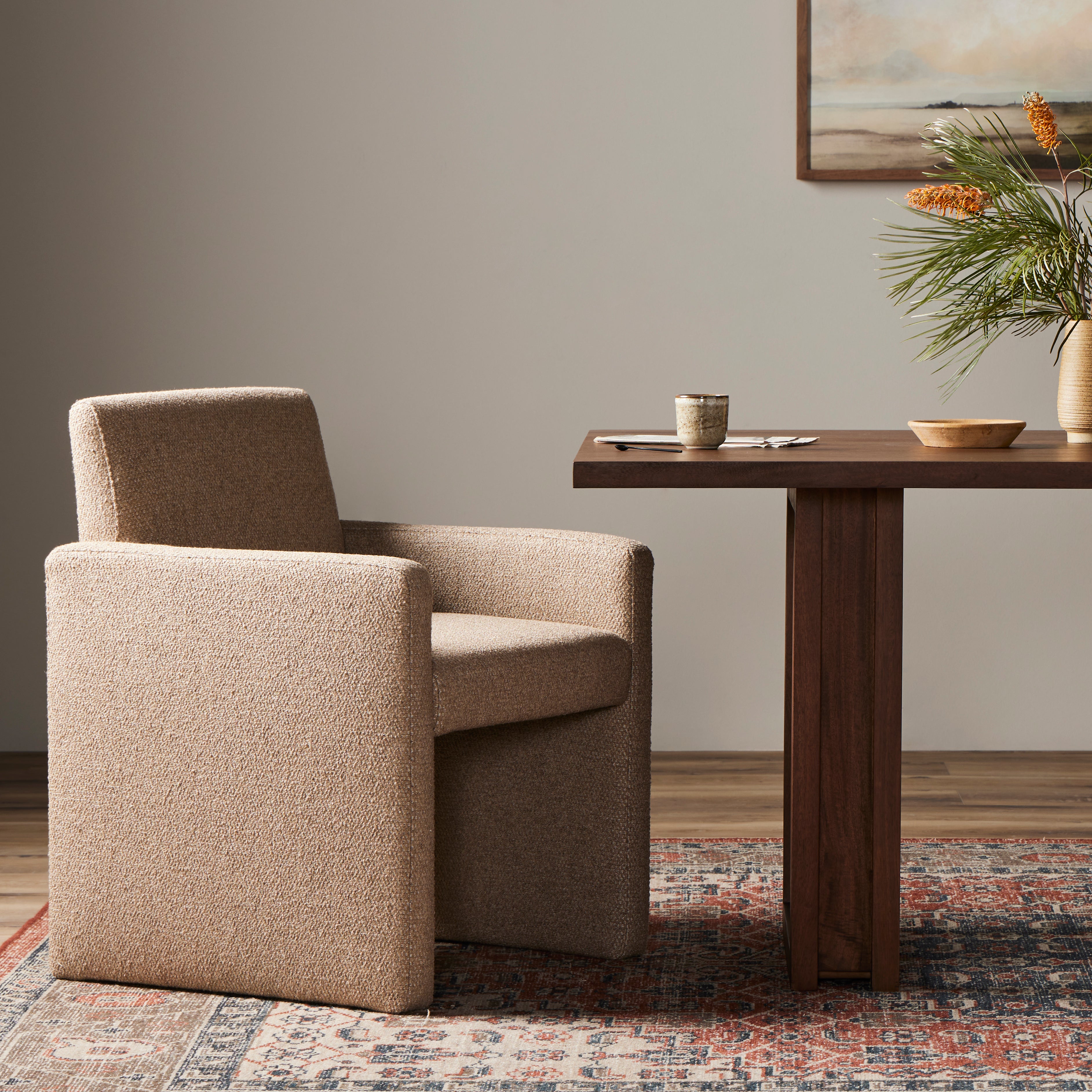 High style meets everyday sensibility. Upholstered in cream-colored high-performance fabric, soft, voluminous shaping and grand scale dole a dramatic look to this sophisticated seating style. Performance fabrics are specially created to withstand spills, stains, high traffic and wear, ensuring long-term comfort and unmatched durability. Amethyst Home provides interior design, new home construction design consulting, vintage area rugs, and lighting in the Nashville metro area.