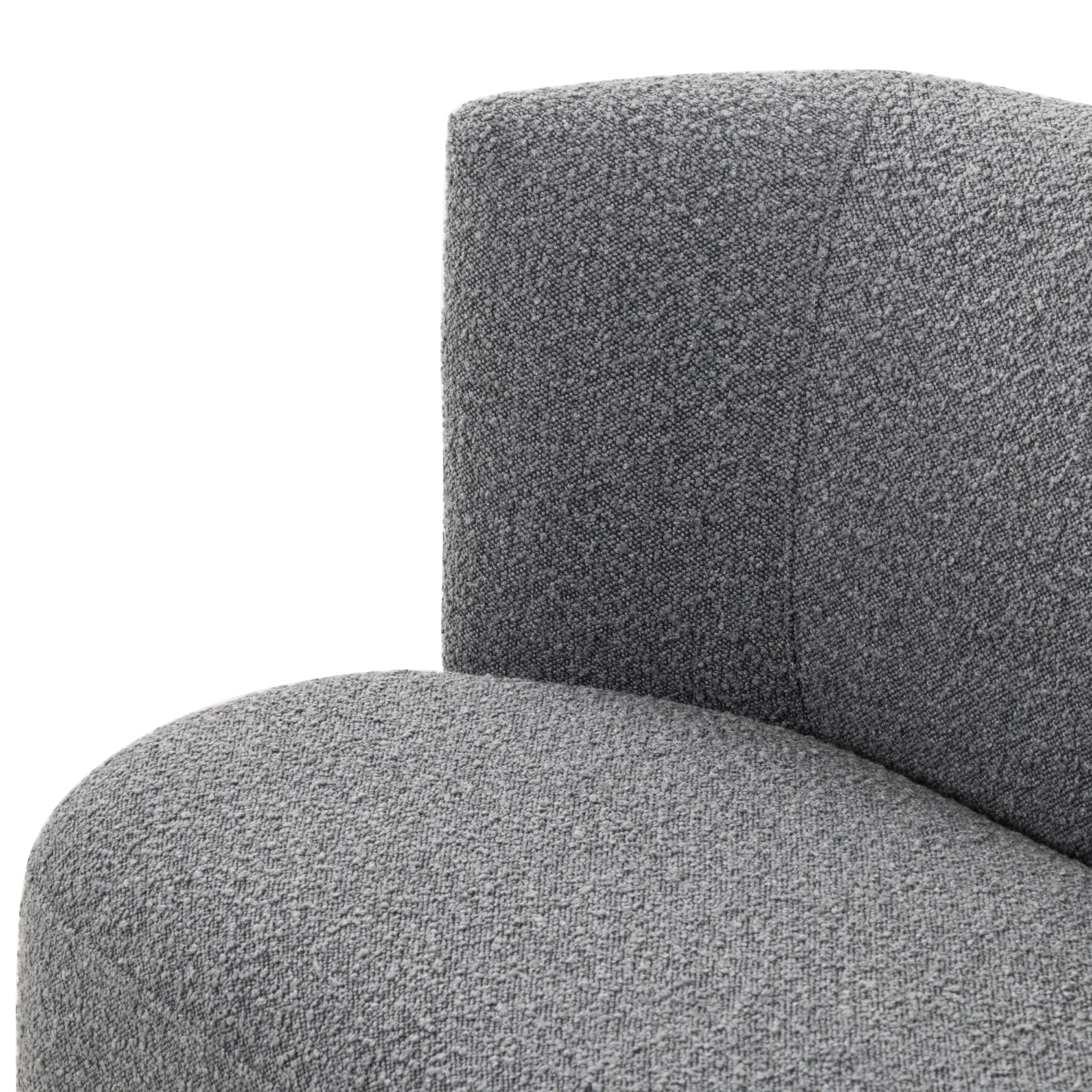 Featuring Krista Knoll Charcoal Dining Bench by Four Hands at Amethyst Home. Style takes shape. Comfortably curved bench seating is upholstered in a chunky charcoal boucle, with water-repellent high-performance fabric for modern sensibility. A plinth-style ash veneer base works casual contrast into the mix. Perfectly sized for a cozy breakfast nook; pair up. Amethyst Home provides interior design, new home construction design consulting, vintage area rugs, and lighting in the Charlotte metro area.