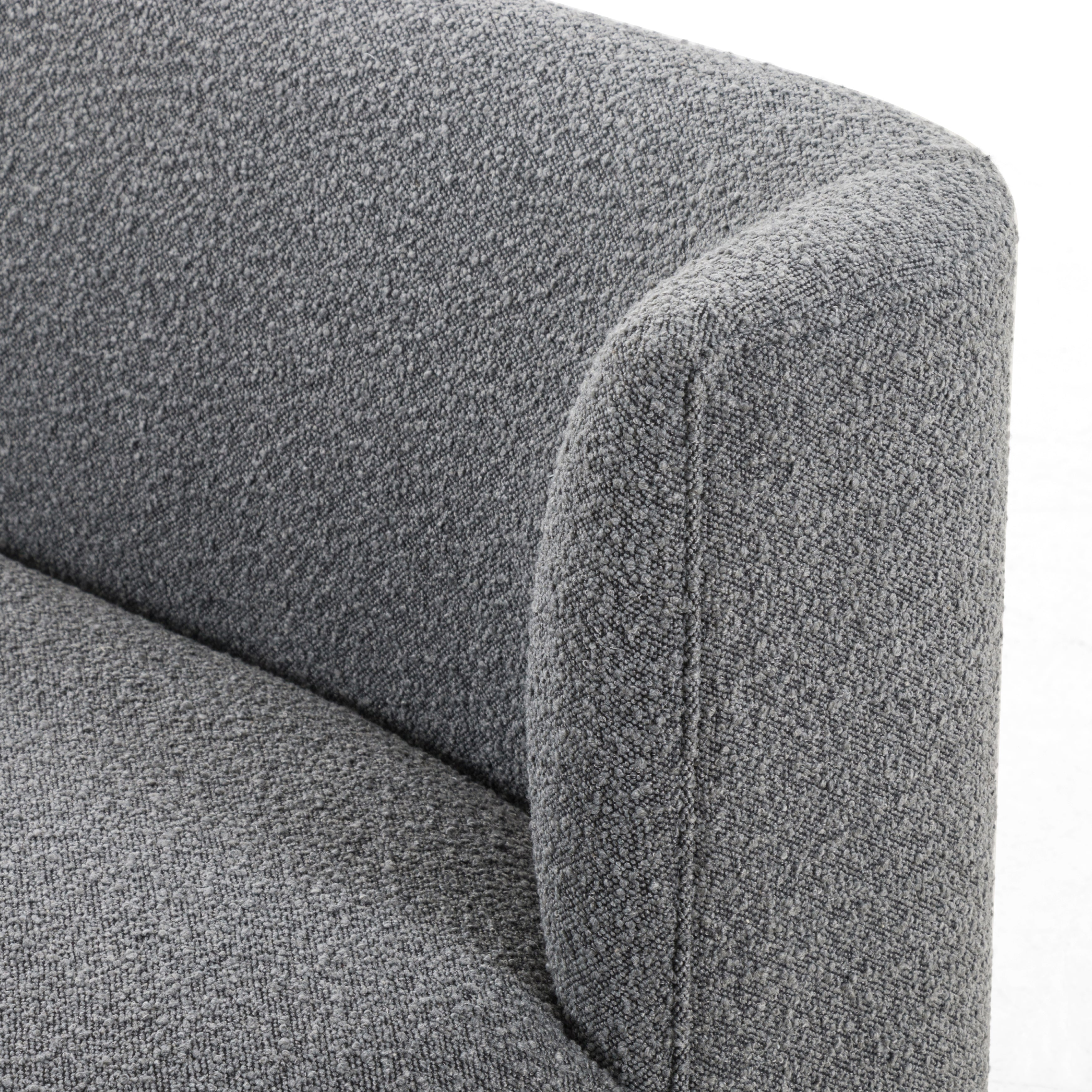 Featuring Krista Knoll Charcoal Dining Bench by Four Hands at Amethyst Home. Style takes shape. Comfortably curved bench seating is upholstered in a chunky charcoal boucle, with water-repellent high-performance fabric for modern sensibility. A plinth-style ash veneer base works casual contrast into the mix. Perfectly sized for a cozy breakfast nook; pair . Amethyst Home provides interior design, new home construction design consulting, vintage area rugs, and lighting in the Los Angeles metro area.