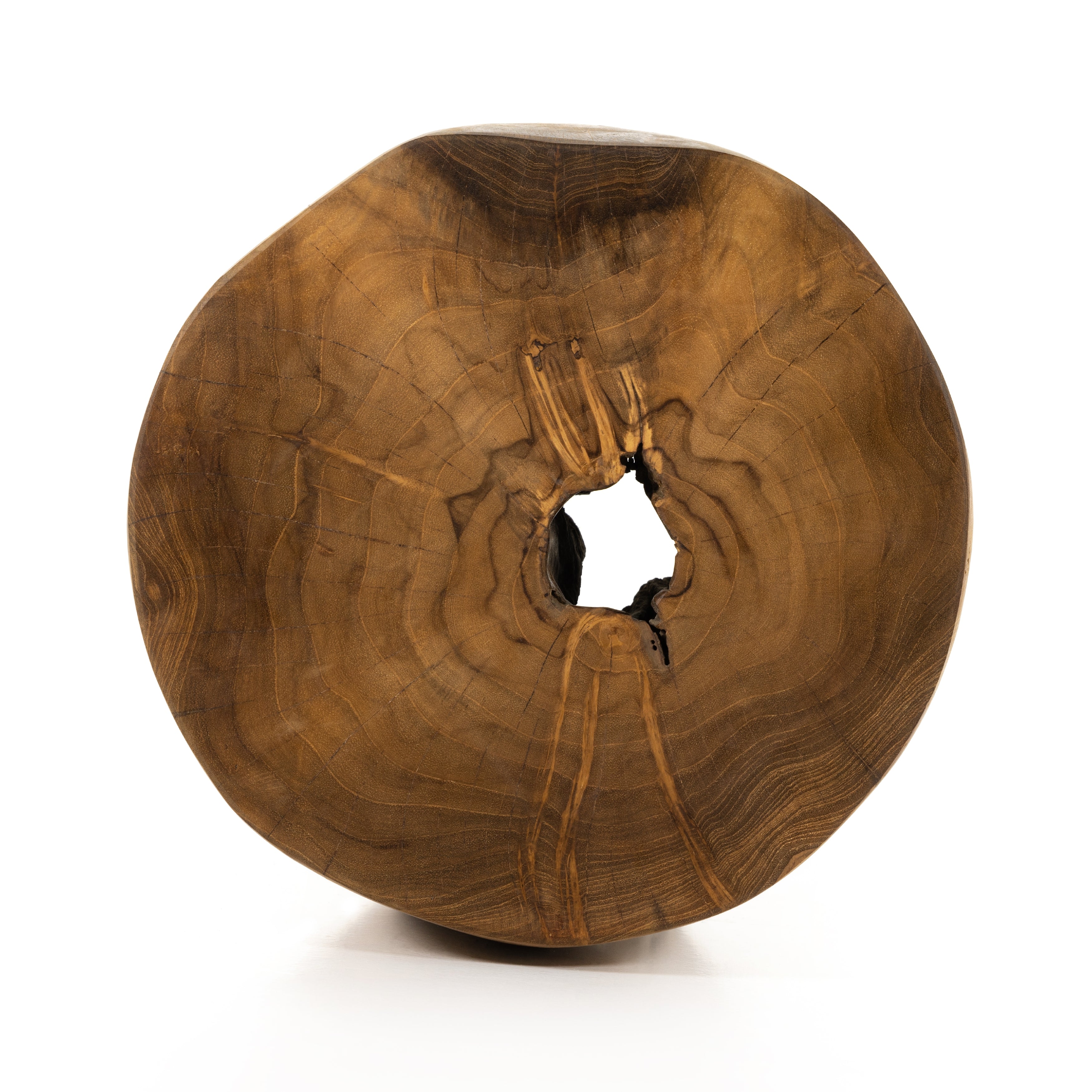 Natural teak roots add a touch of organic texture to spaces indoors or out. Each has unique character, with natural variation in knots, holes and grain character from piece to piece, and dramatic highs and lows in the finish. Over time, teak weathers and greys in the sun for a found feel. Safe for outdoor spaces. Cover or store indoors during inclement weather and when not in use. Amethyst Home provides interior design services, furniture, rugs, and lighting in the Monterey metro area.