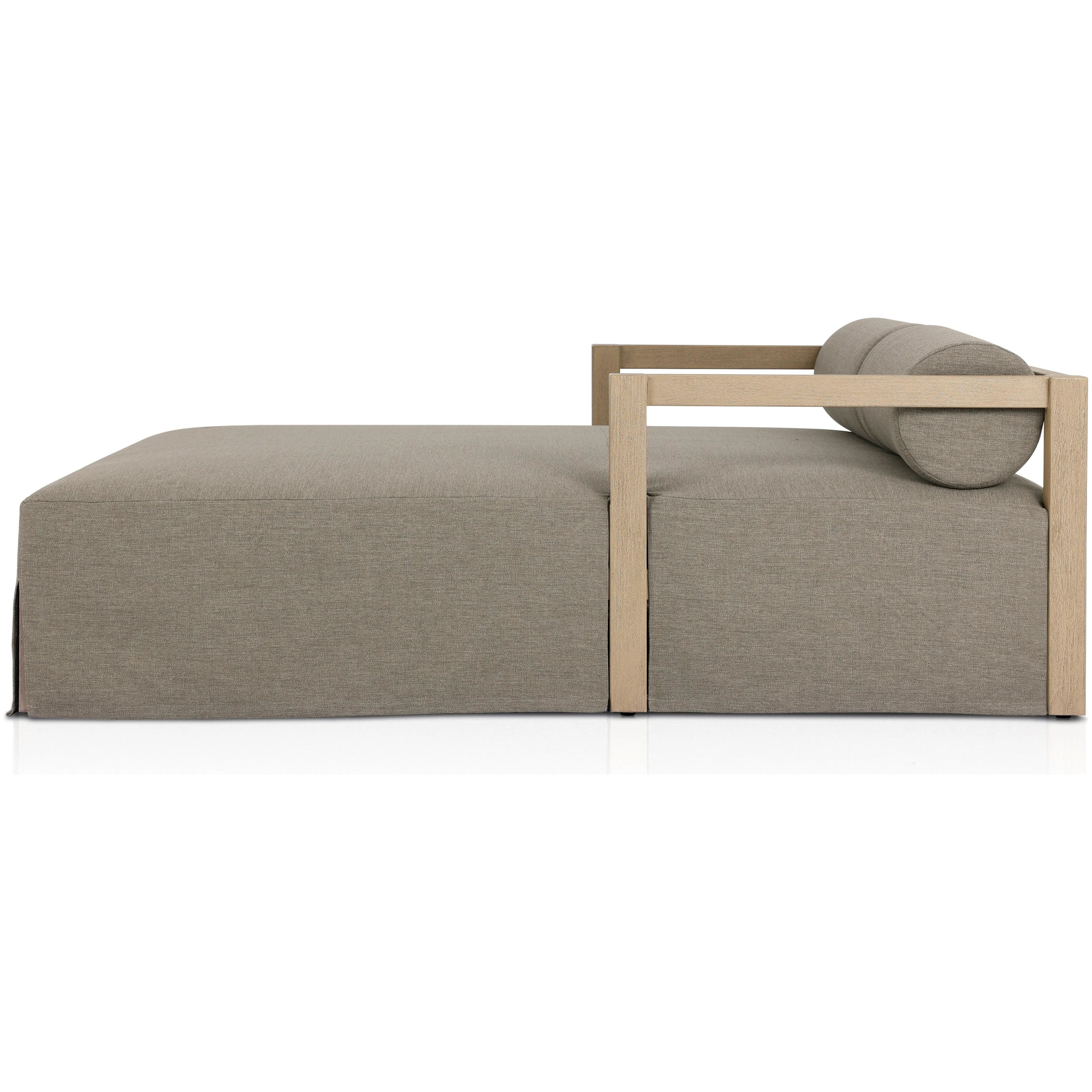 Featuring Laskin Washed Brown Outdoor Daybed by Four Hands at Amethyst Home. A soft, durable slipcover brings a complementary casual and laid-back look to structured framing of FSCA-certified teak. A bolster back cushion offers support and comfort in this outdoor daybed. Made in Italy, this sustainably made fabric is antimicrobial and highly resistant to su. Amethyst Home provides interior design, new home construction design consulting, vintage area rugs, and lighting in the Charlotte metro area.