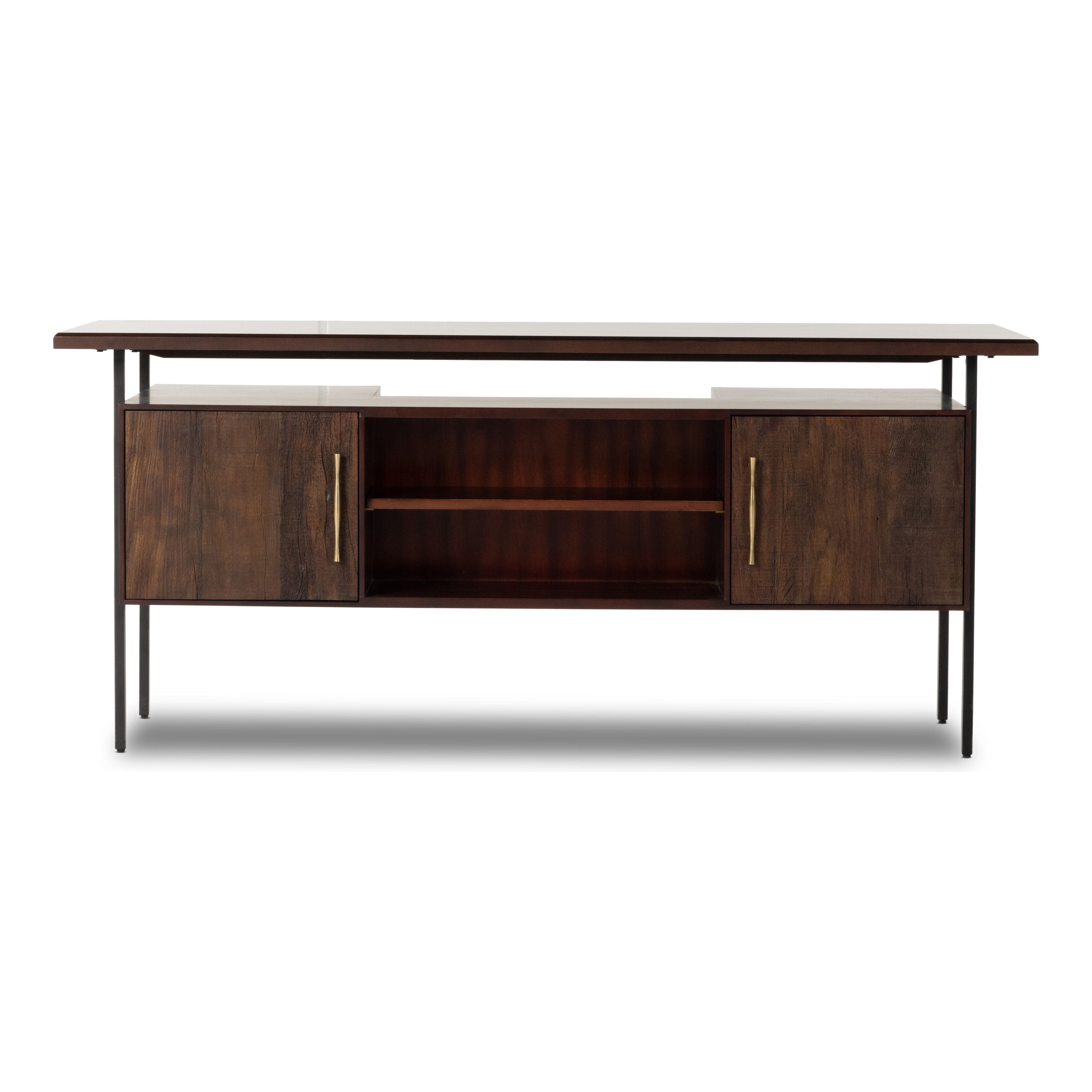 Featuring Lauren  Desk by Four Hands at Amethyst Home. This mid-century inspired lawyer's desk offers heavy-duty storage with two-sided cabinetry. A floating top and simple iron legs keeps the look light and modern. Solid acacia casing with reclaimed peroba wood door and drawer fronts. This piece is designed in collaboration with Thomas Bina. Four Handsâ€™ partnership with the r. Amethyst Home provides interior design, new construction, custom furniture, and area rugs in the Des Moines metro area.