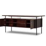 Featuring Lauren  Desk by Four Hands at Amethyst Home. This mid-century inspired lawyer's desk offers heavy-duty storage with two-sided cabinetry. A floating top and simple iron legs keeps the look light and modern. Solid acacia casing with reclaimed peroba wood door and drawer fronts. This piece is designed in collaboration with Thomas Bina. Four Handsâ€™ partnership with the . Amethyst Home provides interior design, new construction, custom furniture, and area rugs in the Kansas City metro area.