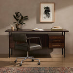 Featuring Lauren  Desk by Four Hands at Amethyst Home. This mid-century inspired lawyer's desk offers heavy-duty storage with two-sided cabinetry. A floating top and simple iron legs keeps the look light and modern. Solid acacia casing with reclaimed peroba wood door and drawer fronts. This piece is designed in collaboration with Thomas Bina. Four Handsâ€™ partnership with t. Amethyst Home provides interior design, new construction, custom furniture, and area rugs in the Salt Lake City metro area.