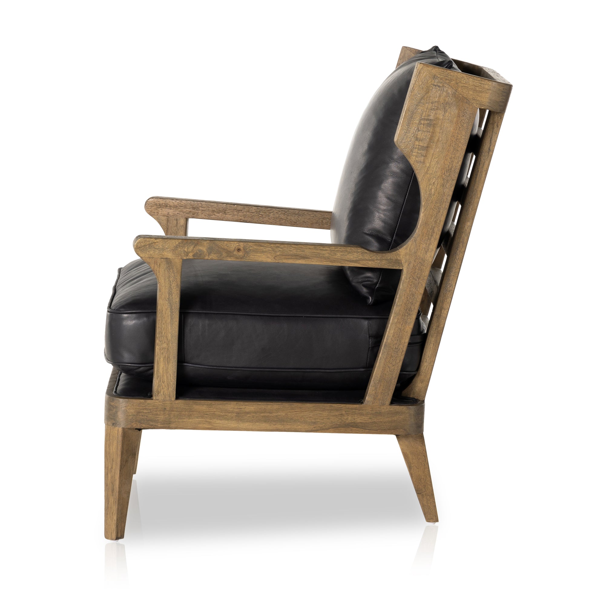 A solid frame of warm oak features a high, ladder back design for a regal air. Upholstered in heirloom black leather. Sourced from one of the oldest family-owned tanneries in Italyâ€™s Bassano del Grappa, heirloom leather is salvaged and processed from upcycled hides featuring an abundance of natural markings, scars and color variations. Amethyst Home provides interior design, new construction, custom furniture, and area rugs in the Seattle metro area.