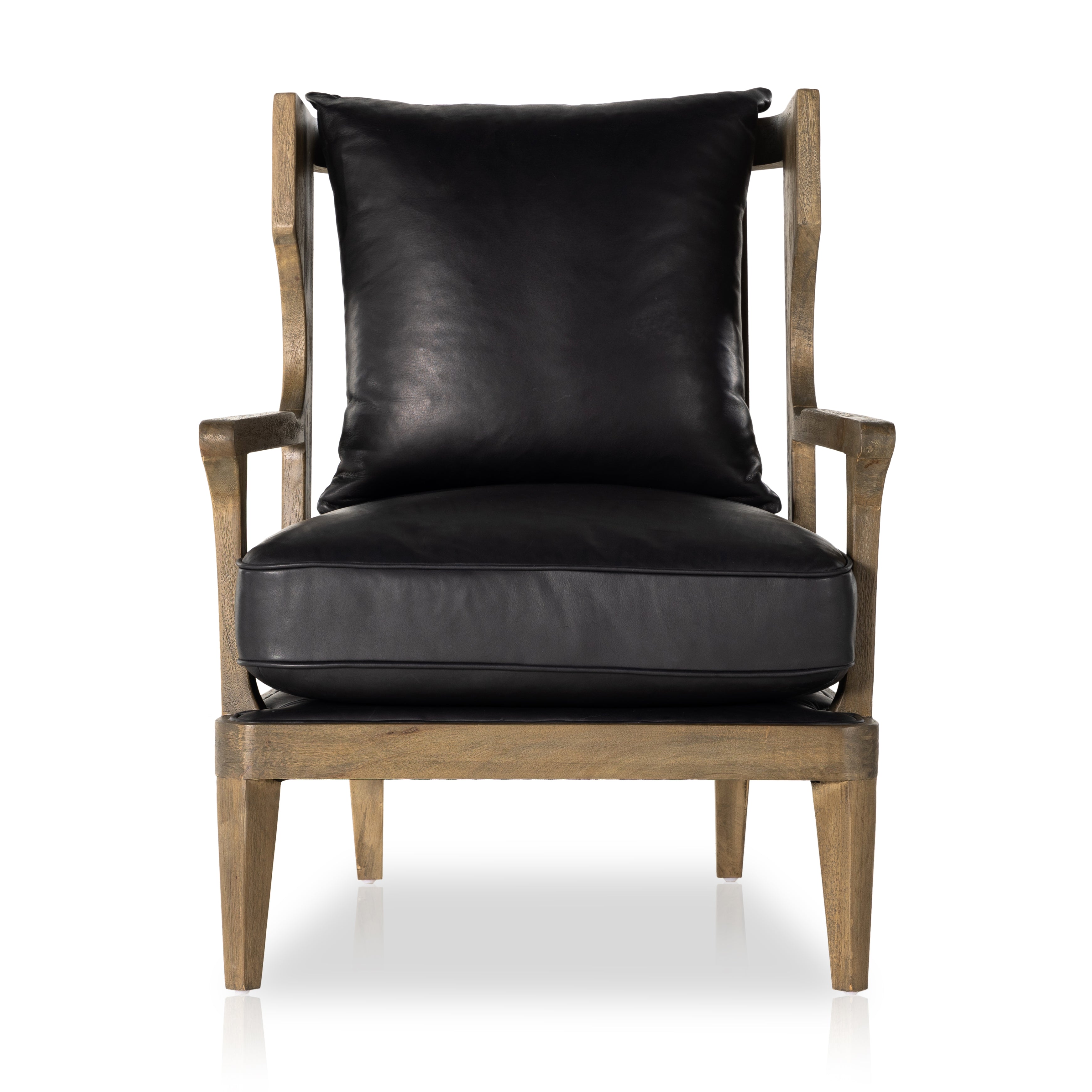 A solid frame of warm oak features a high, ladder back design for a regal air. Upholstered in heirloom black leather. Sourced from one of the oldest family-owned tanneries in Italyâ€™s Bassano del Grappa, heirloom leather is salvaged and processed from upcycled hides featuring an abundance of natural markings, scars and color variations. Amethyst Home provides interior design, new construction, custom furniture, and area rugs in the Winter Garden metro area.