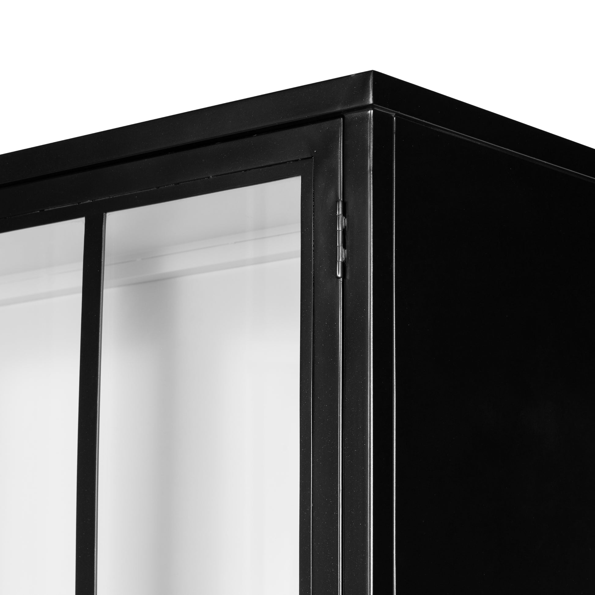 Finished in a classic black, large-scaled iron cabinetry takes on tempered glass door fronts with traditional window-style paneling, for an open look with great contrast. Amethyst Home provides interior design, new construction, custom furniture, and area rugs in the Des Moines metro area.