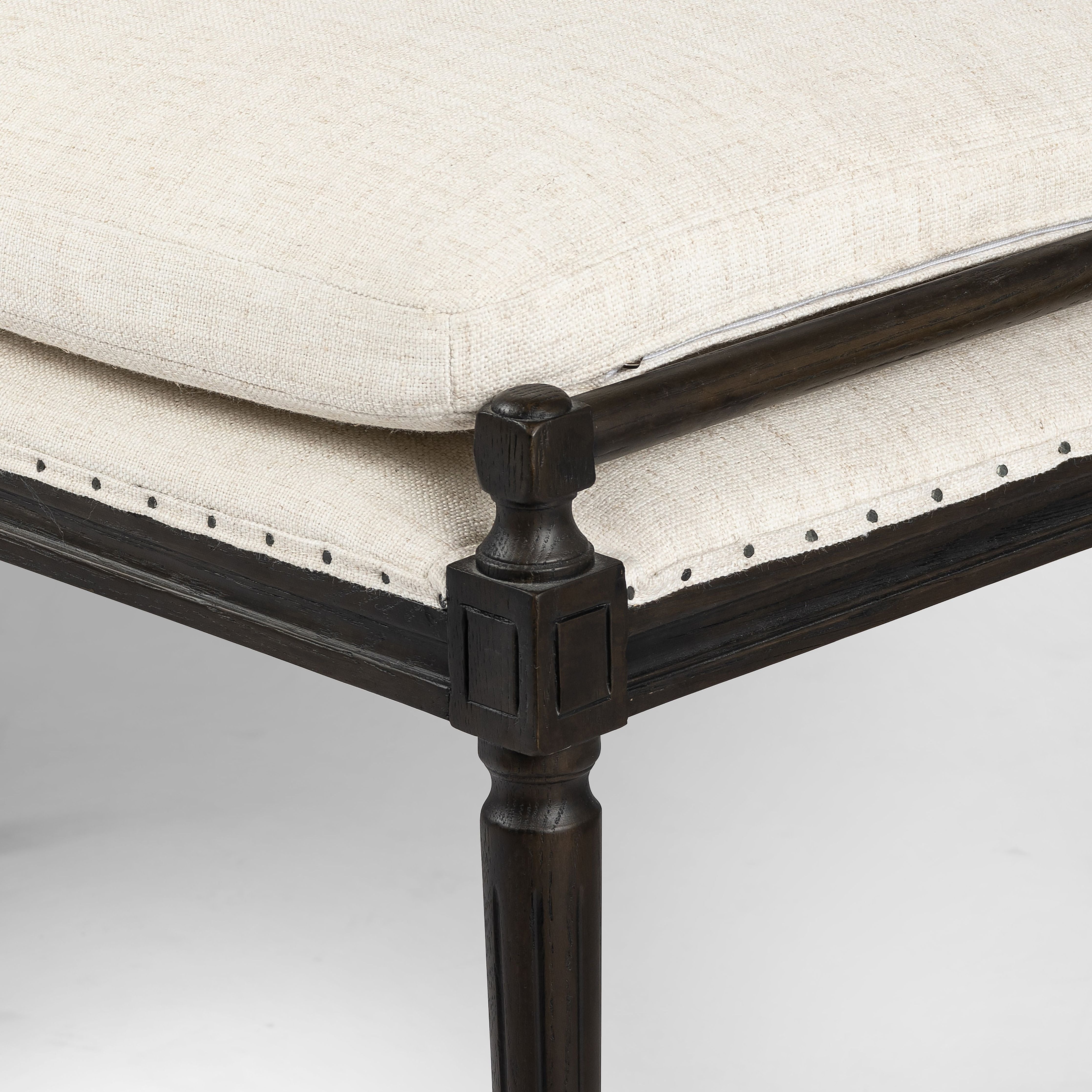 Featuring Lucille Alcala Cream Dining Bench by Four Hands at Amethyst Home. Solid oak legs support bench-style dining seat with water-repellent performance fabric in a versatile cream. Nailhead trim for fun finishing touch. Performance fabrics are specially created to withstand spills, stains, high traffic and wear, ensuring long-term comfort and unmatched durability.Overall Dime. Amethyst Home provides interior design, new construction, custom furniture, and area rugs in the Calabasas metro area.