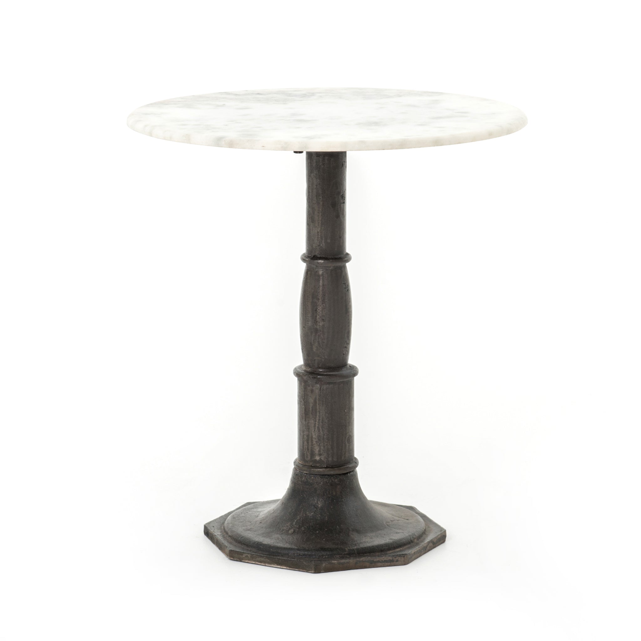 Style on the side. French industrial inspiration pairs an elegant, white marble top with a carbon-washed, distressed iron base. Amethyst Home provides interior design, new home construction design consulting, vintage area rugs, and lighting in the Austin metro area.