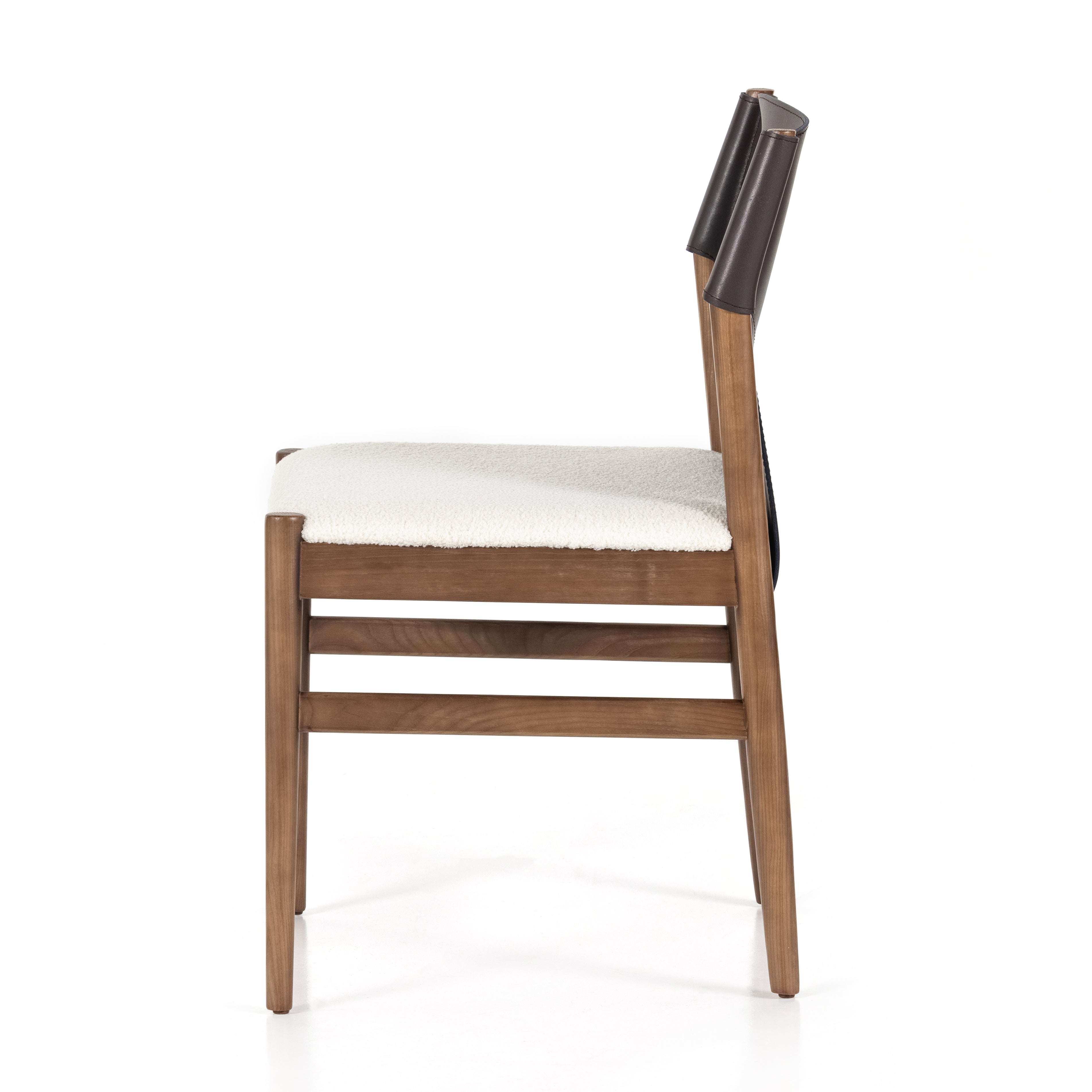 Sleek, streamlined seating with a midcentury vibe. Lulu Espresso Leather Armless Dining Chair features a sling leather seatback and a faux shearling seat in liquid-repellent performance fabric. Frame and legs made of solid ash wood. Amethyst Home provides interior design services, furniture, rugs, and lighting in the Monterey metro area.