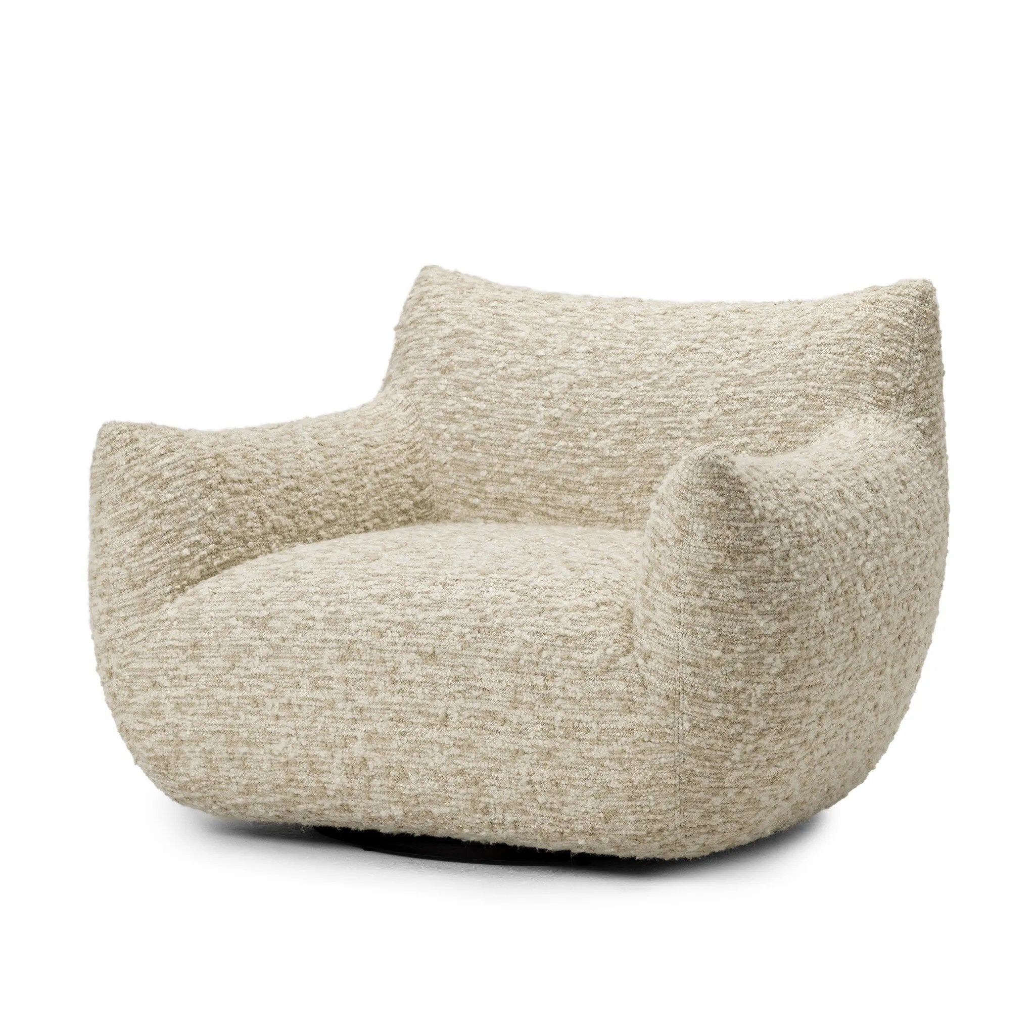 A modern take on a 70s-inspired shape. This sink-in, pillow-like chair features S-spring suspension for extra comfort and durability in the seat, all on a 360-degree swivel. Upholstered in an exaggerated boucle fabric with extra depth and texture throughout.Collection: Osl Amethyst Home provides interior design, new home construction design consulting, vintage area rugs, and lighting in the Charlotte metro area.