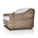 Traditional heritage shape on a grand scale. An outdoor dining sofa is crafted from durable natural teak in a gorgeous, woven pattern highlighting the texture's natural highs and lows. Oversized with deep-seated comfort with loose pillows for the ultimate outdoor lounge. Cover or store indoors during inclement weather and when not in use. Amethyst Home provides interior design, new construction, custom furniture and area rugs in the Charlotte metro area