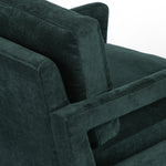 Featuring Olson Emerald Worn Velvet Chair by Four Hands at Amethyst Home. A clean, sophisticated silhouette meets velvety emerald upholstery with side-arm cutouts, for a balanced look with a mid-century air. Tapered oak legs add a feminine finishing touch. Performance fabrics are specially created to withstand spills, stains, high traffic and wear, ensuring long-term comfort a. Amethyst Home provides interior design, new construction, custom furniture, and area rugs in the Laguna Beach metro area.