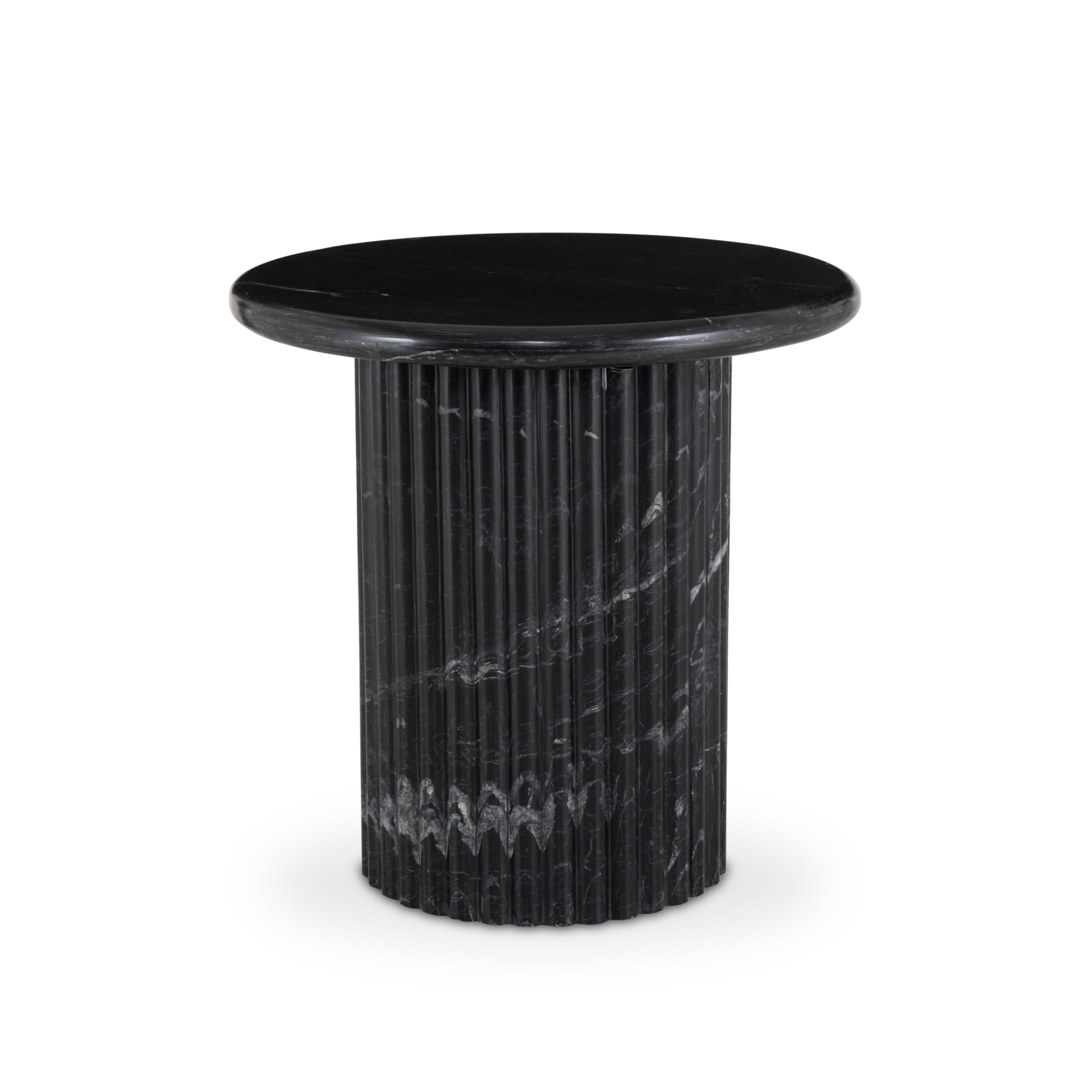Featuring Oranda Black Marble End Table by Four Hands at Amethyst Home. Inspired by Italian design, a swirling marble base is scalloped for a linear look with heavy texture. Topped with polished black marble.Overall Dimensions: 20