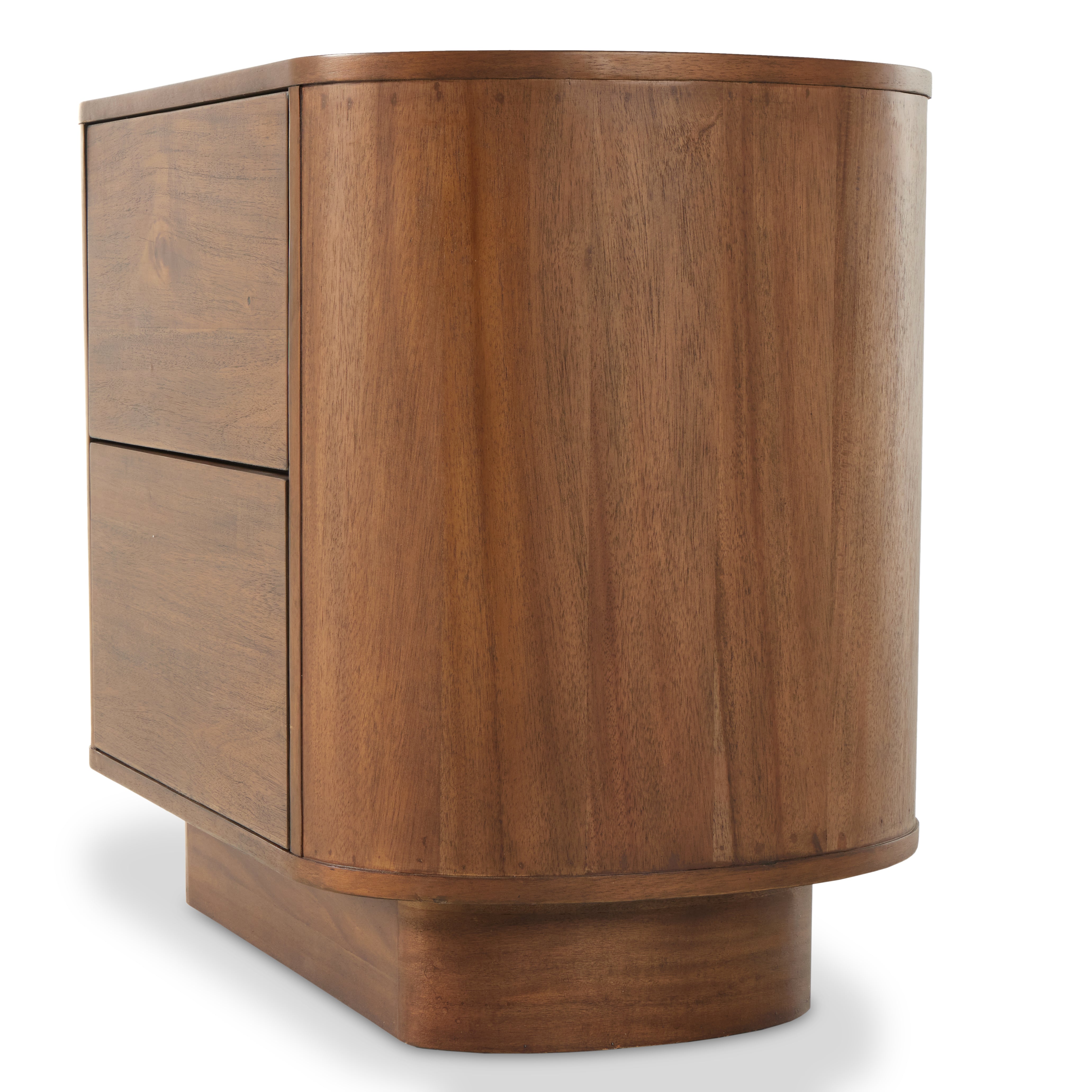 Seasoned brown acacia forms a curved pedestal base, bringing gentle curves to a classic nightstand shape. Amethyst Home provides interior design, new construction, custom furniture, and area rugs in the Laguna Beach metro area.