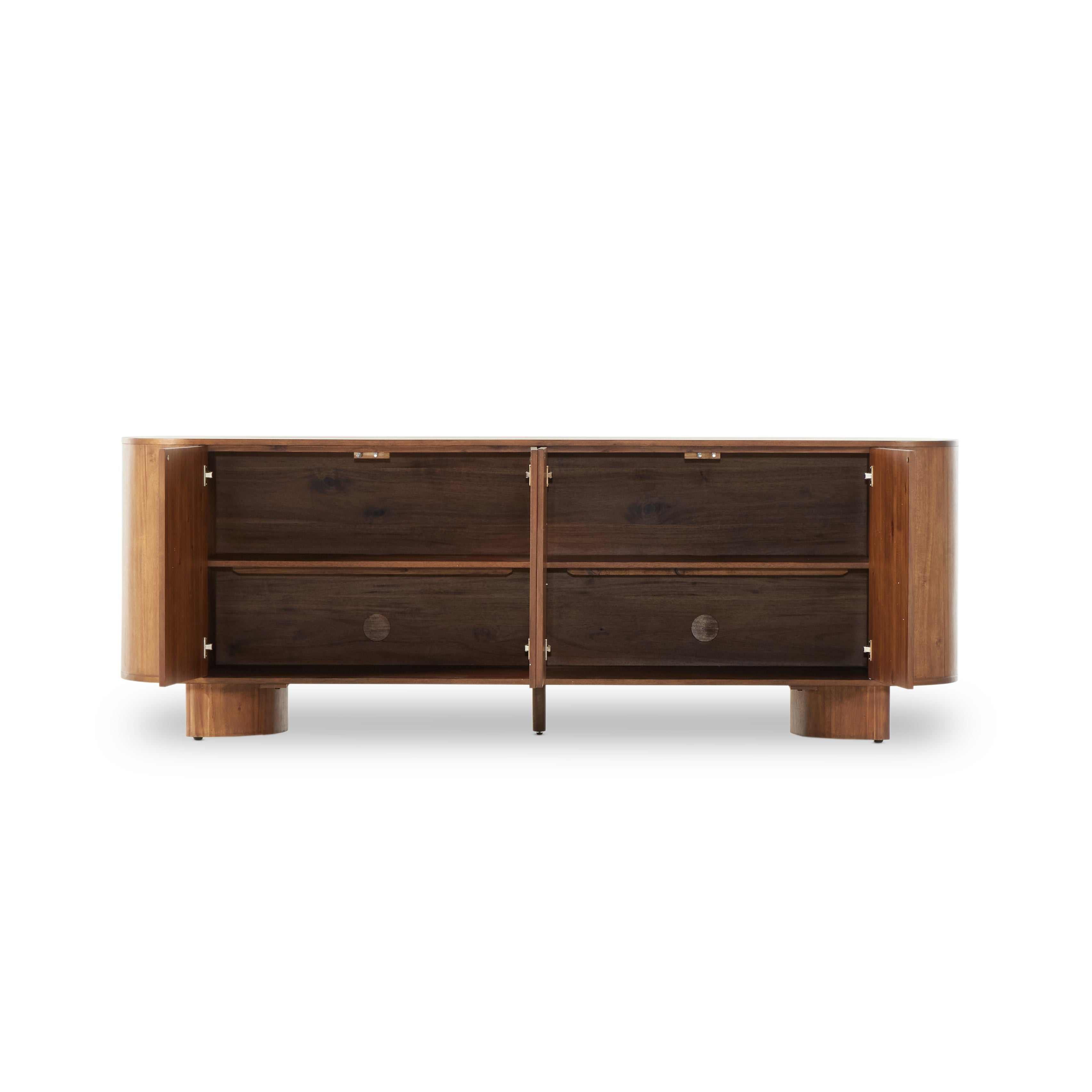 Featuring Paden Seasoned Brown Acacia Sideboard by Four Hands at Amethyst Home. Seasoned brown acacia forms curved legs and the cabinets of this sideboard. Generous space for all dining storage needs.
Collection: HaidenColors: Seasoned Brown Acacia ,Seasoned Brown Acacia Solid ,GunmetalMaterials: Thin Acacia Veneer ,Solid Acacia ,IronOverall Dimensions: 94"W x 23"L x 33"H Weight: 2. Amethyst Home provides interior design, new construction, custom furniture, and area rugs in the Seattle metro area.