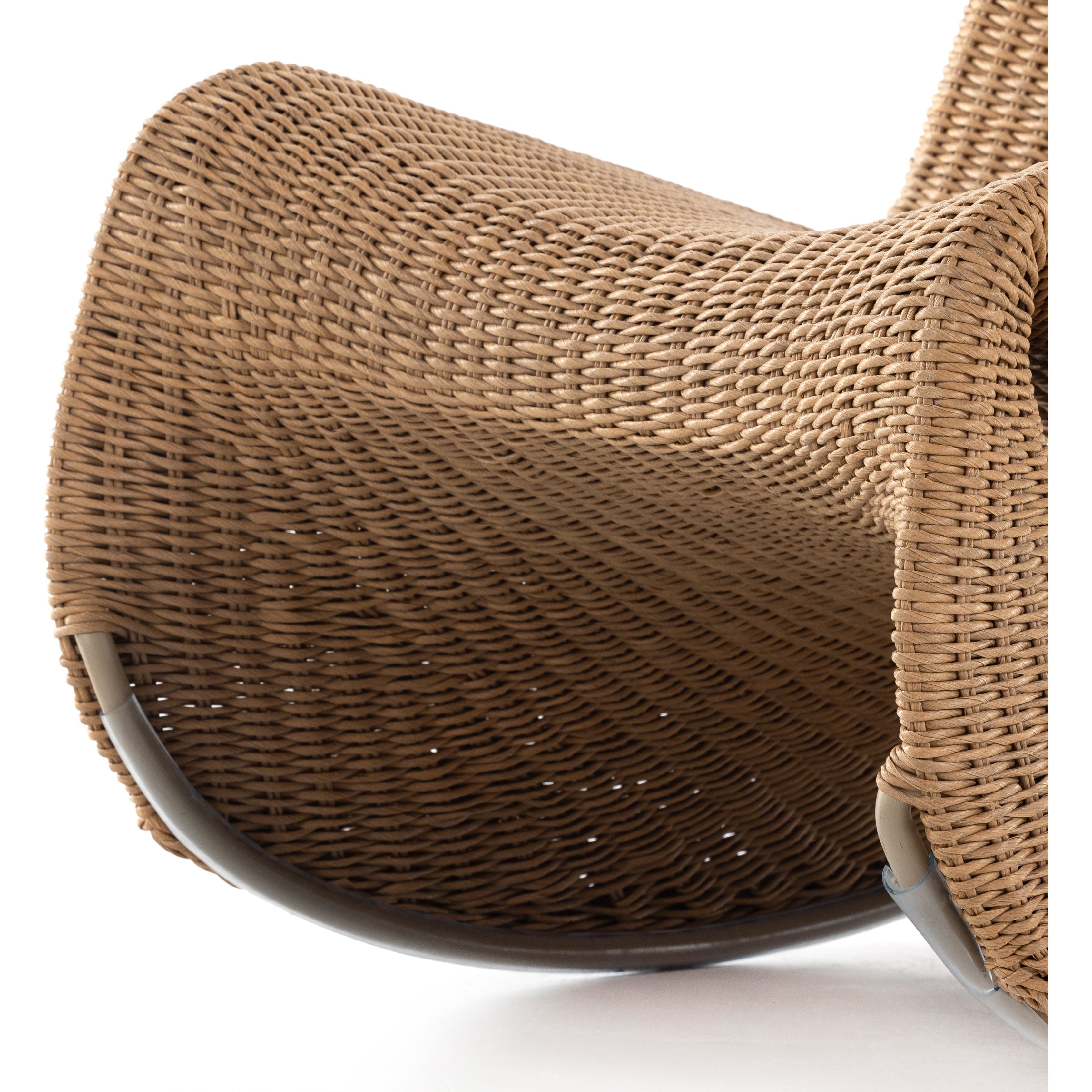 Based off a vintage shape, all-weather wicker seating brings dramatic curves to this statement-making rocking chair. Cover or store indoors during inclement weather and when not in use. Amethyst Home provides interior design, new construction, custom furniture, and area rugs in the Scottsdale metro area.