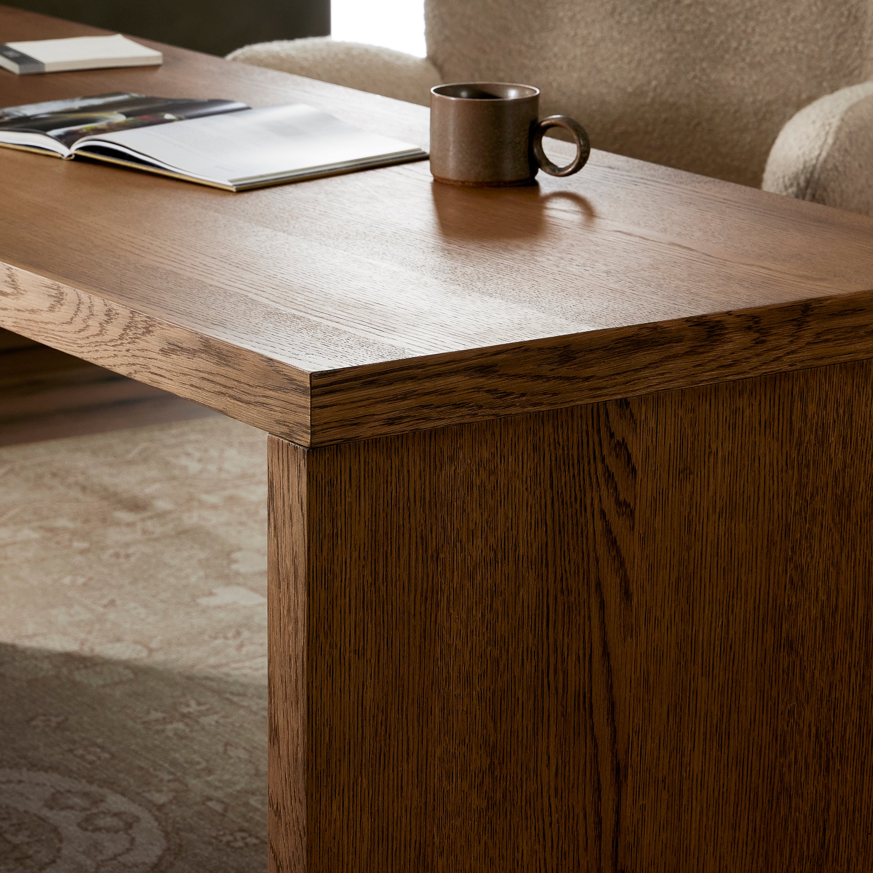 Reflect your unique style with a modular desk and matching media console of amber-finished oak and cognac top-grain leather. Arrange to suit your space, while adding plenty of storage space to the office. Amethyst Home provides interior design, new construction, custom furniture, and area rugs in the Charlotte metro area.