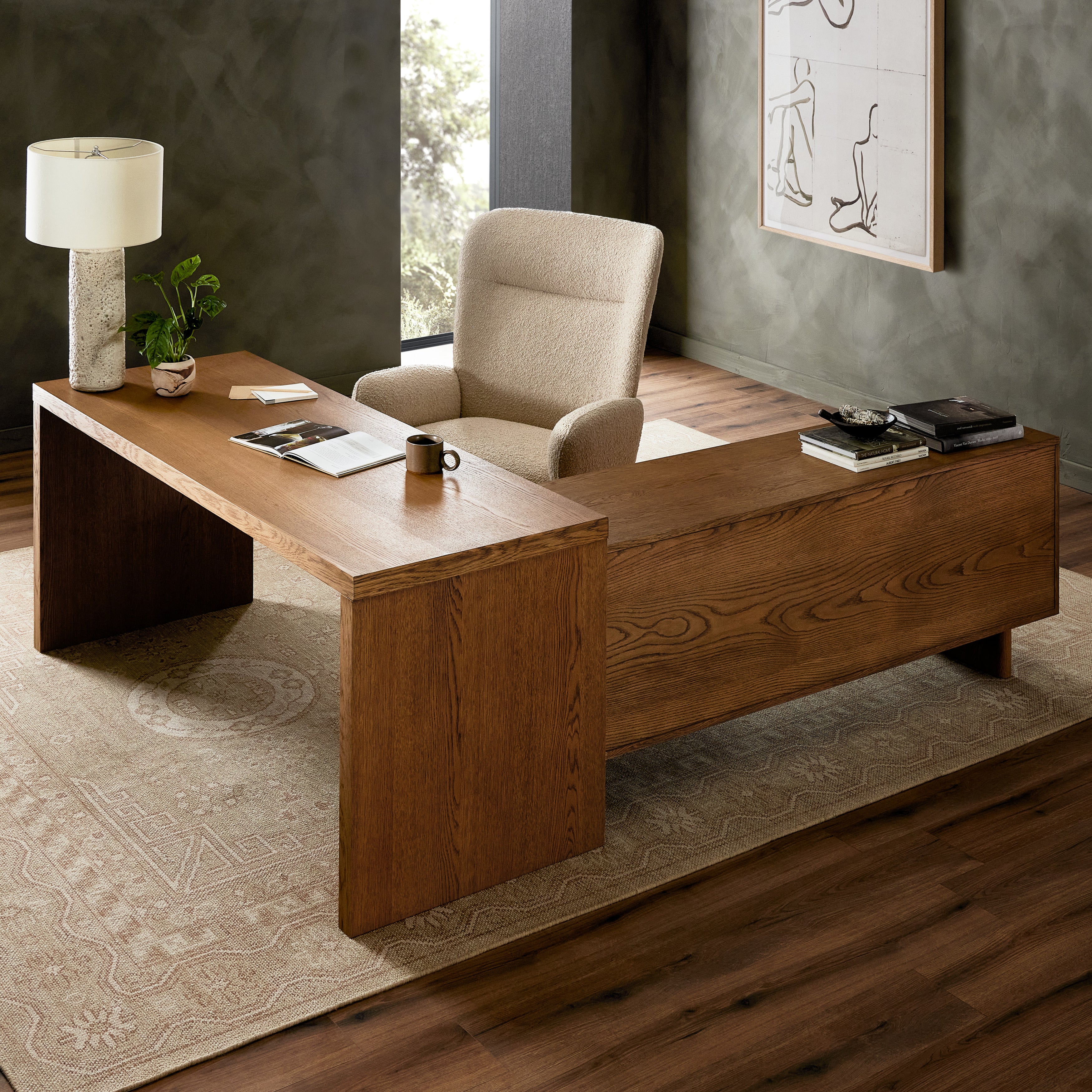 Featuring Posada Shaped Desk - Amber Oak Veneer L by Four Hands at Amethyst Home. Reflect your unique style with a modular desk and matching media console of amber-finished oak and cognac top-grain leather. Arrange to suit your space, while adding plenty of storage space to the office.Overall Dimensions: 78"W x 70"L x 30"H
Collection: BoltonColors: Amber Oak ,Amber Oak Veneer ,Gunmet. Amethyst Home provides interior design, new construction, custom furniture, and area rugs in the Miami metro area.