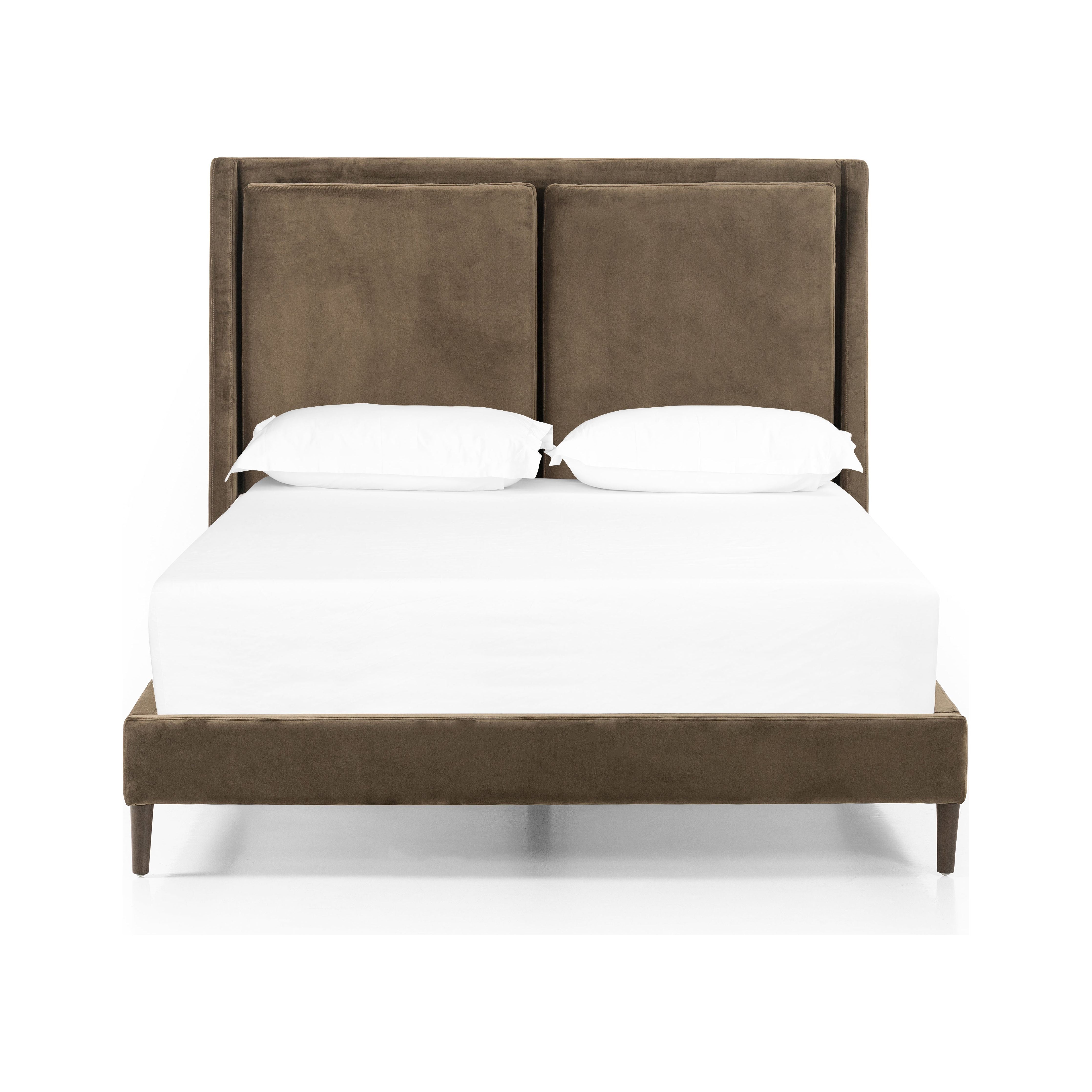 Upholstered in a velvety olive with subtle highs and lows that change in appearance depending on the direction of the fabric's nap. Fixed headboard cushioning for adds texture and comfort, while tapered oak legs lend a low-profile look. Amethyst Home provides interior design, new construction, custom furniture, and area rugs in the Miami metro area.
