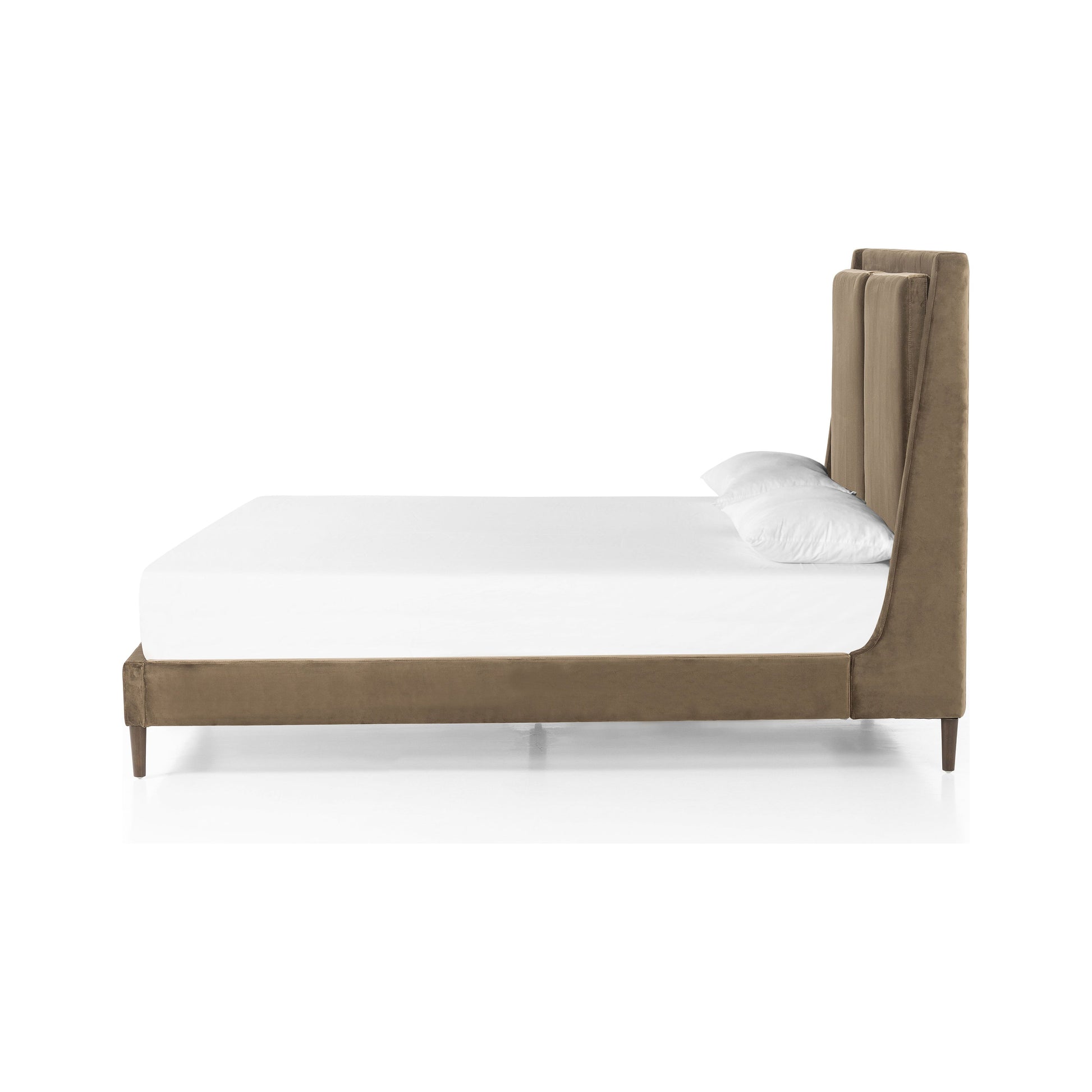 Upholstered in a velvety olive with subtle highs and lows that change in appearance depending on the direction of the fabric's nap. Fixed headboard cushioning for adds texture and comfort, while tapered oak legs lend a low-profile look. Amethyst Home provides interior design, new construction, custom furniture, and area rugs in the Nashville metro area.