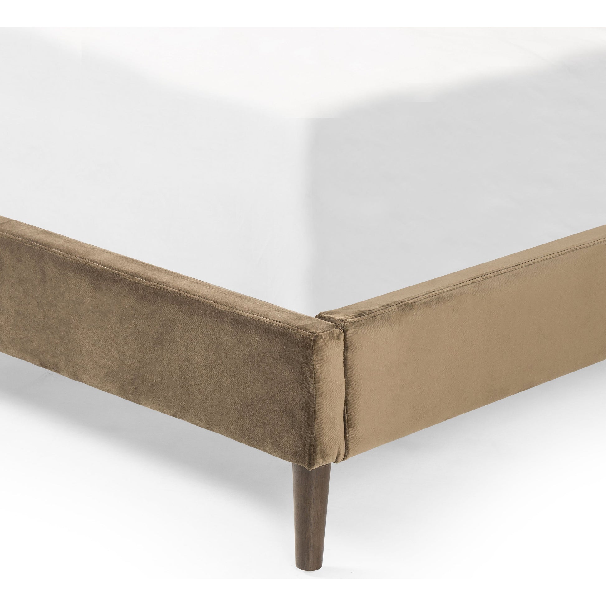 Upholstered in a velvety olive with subtle highs and lows that change in appearance depending on the direction of the fabric's nap. Fixed headboard cushioning for adds texture and comfort, while tapered oak legs lend a low-profile look. Amethyst Home provides interior design, new construction, custom furniture, and area rugs in the Tampa metro area.