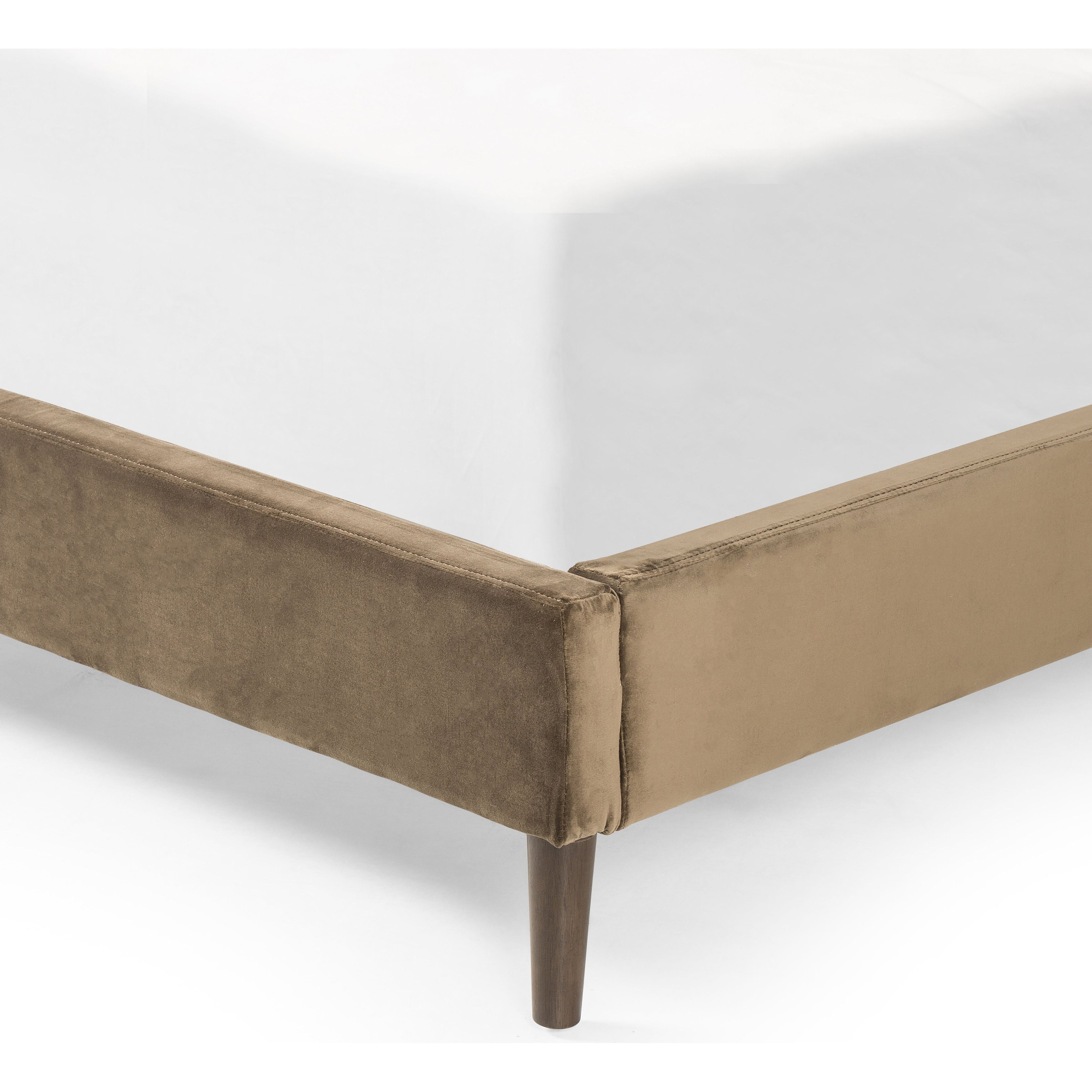 Upholstered in a velvety olive with subtle highs and lows that change in appearance depending on the direction of the fabric's nap. Fixed headboard cushioning for adds texture and comfort, while tapered oak legs lend a low-profile look. Amethyst Home provides interior design, new construction, custom furniture, and area rugs in the Tampa metro area.