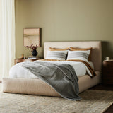 Featuring Quincy Lisbon Cream-King Bed by Four Hands at Amethyst Home. Modern, clean shaping meets inflated comfort with this padded, upholstered bed frame in a textural boucle-like pattern.  Text (251) 257-7986 for quick product details.Overall Dimensions: 92.25"W x 89.25"L x 48"H
Collection: EastonColors: Lisbon Cream ,BlackMaterials: 81% Pl, 19% Pc ,Sol. Amethyst Home provides interior design, new home construction design consulting, vintage area rugs, and lighting in the Alpharetta metro area.