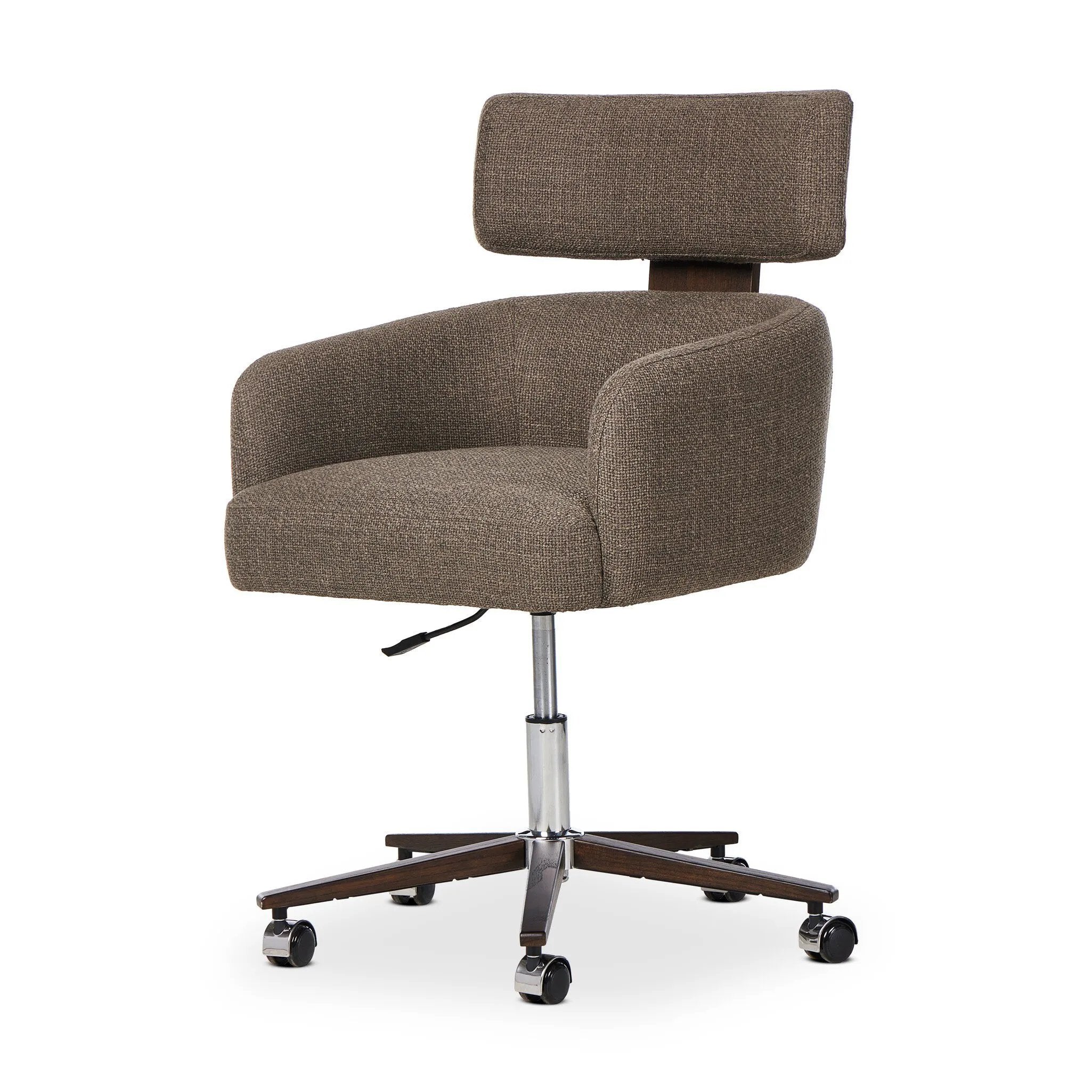 Featuring Rei Gibson Mink Desk Desk Chair by Four Hands at Amethyst Home. A high, curved back and plush high-performance fabric seat cradle you in comfort. Performance fabrics are specially created to withstand spills, stains, high traffic, and wear, ensuring long-term comfort and unmatched durability. Height adjustable with a 360-degree swivel.
Overall Dim. Amethyst Home provides interior design, new home construction design consulting, vintage area rugs, and lighting in the Calabasas metro area.
