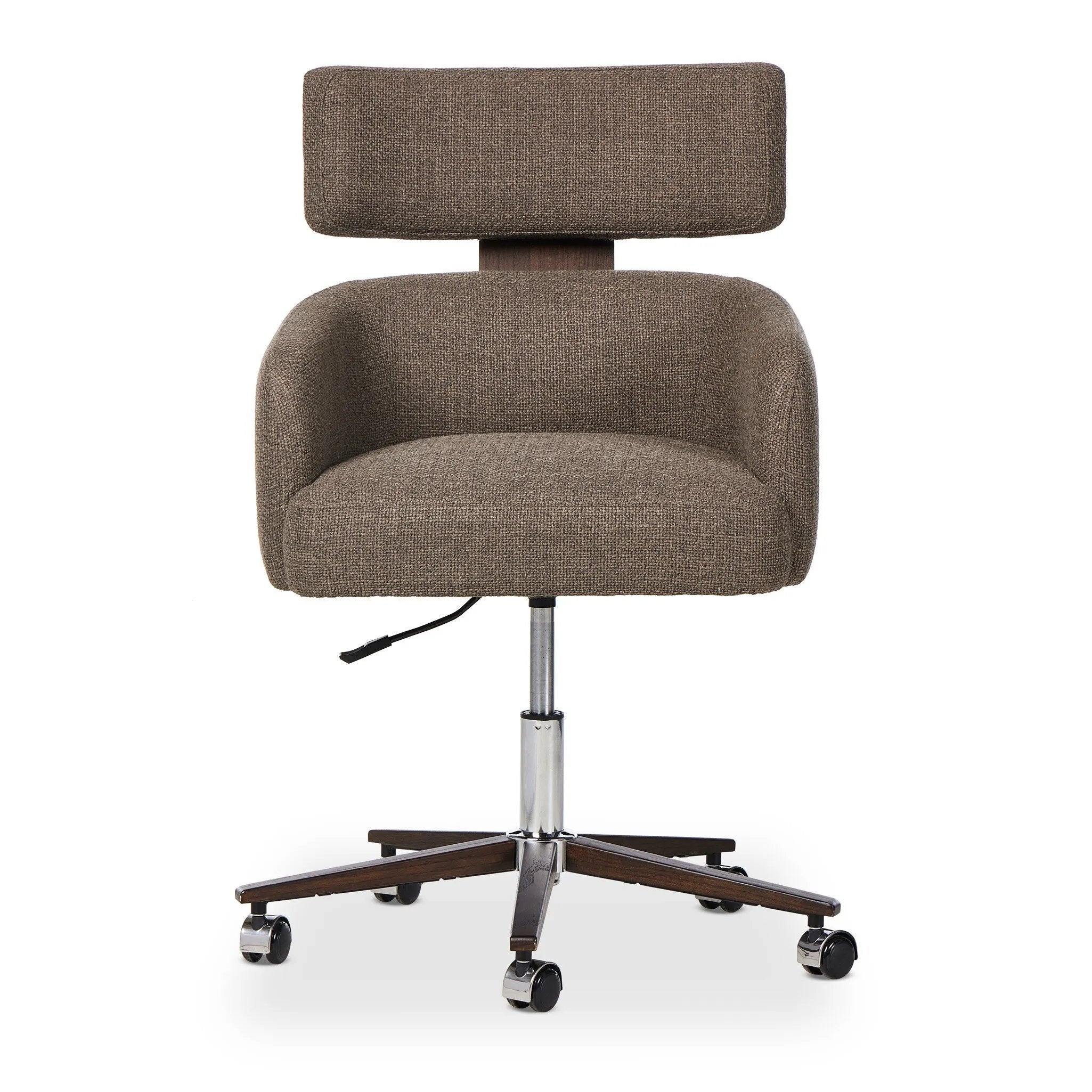 Featuring Rei Gibson Mink Desk Desk Chair by Four Hands at Amethyst Home. A high, curved back and plush high-performance fabric seat cradle you in comfort. Performance fabrics are specially created to withstand spills, stains, high traffic, and wear, ensuring long-term comfort and unmatched durability. Height adjustable with a 360-degree swivel.
Overall Dimens. Amethyst Home provides interior design, new home construction design consulting, vintage area rugs, and lighting in the Dallas metro area.